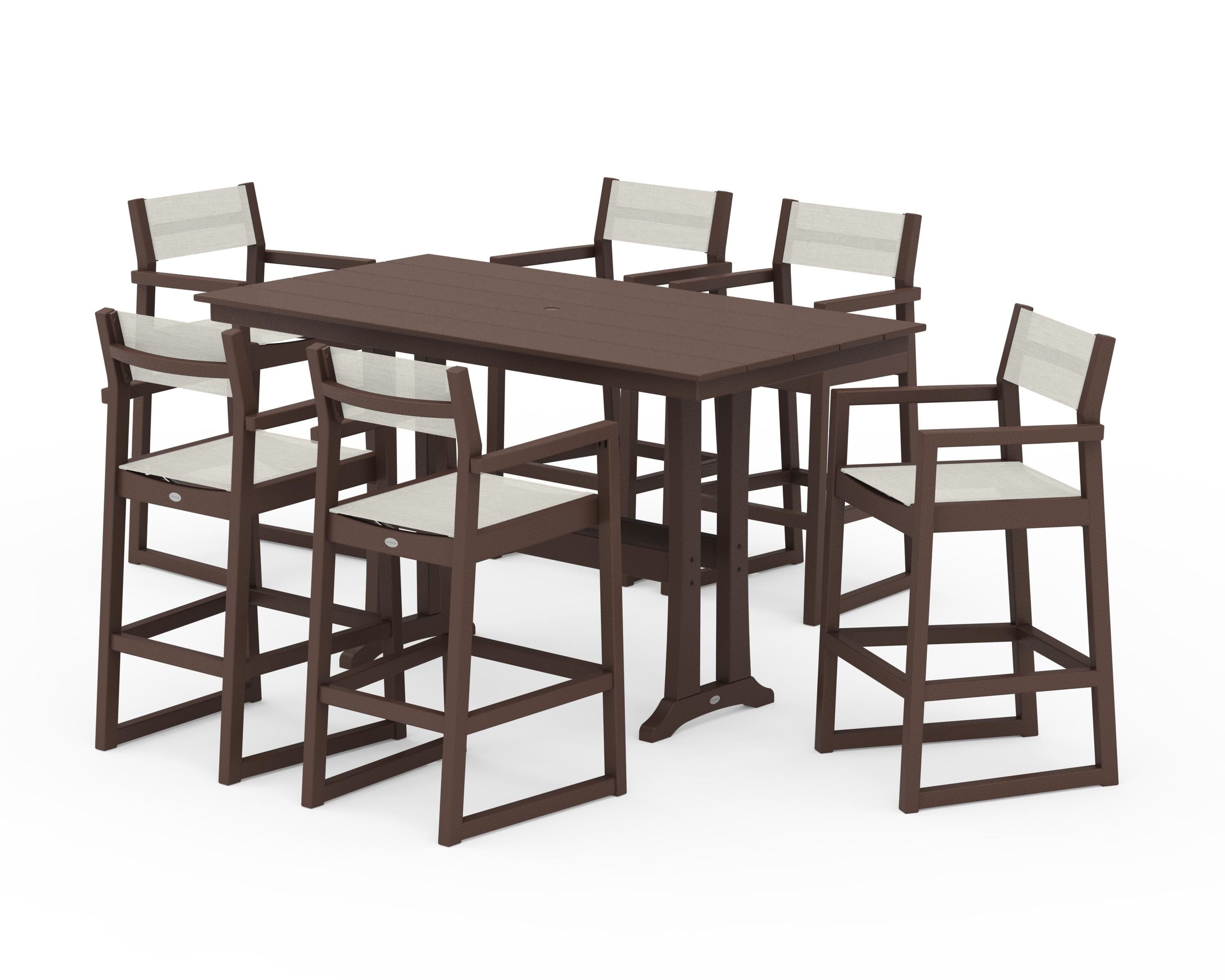 POLYWOOD® EDGE Sling Arm Chair 7-Piece Farmhouse Bar Set with Trestle Legs in Mahogany / Parchment Sling