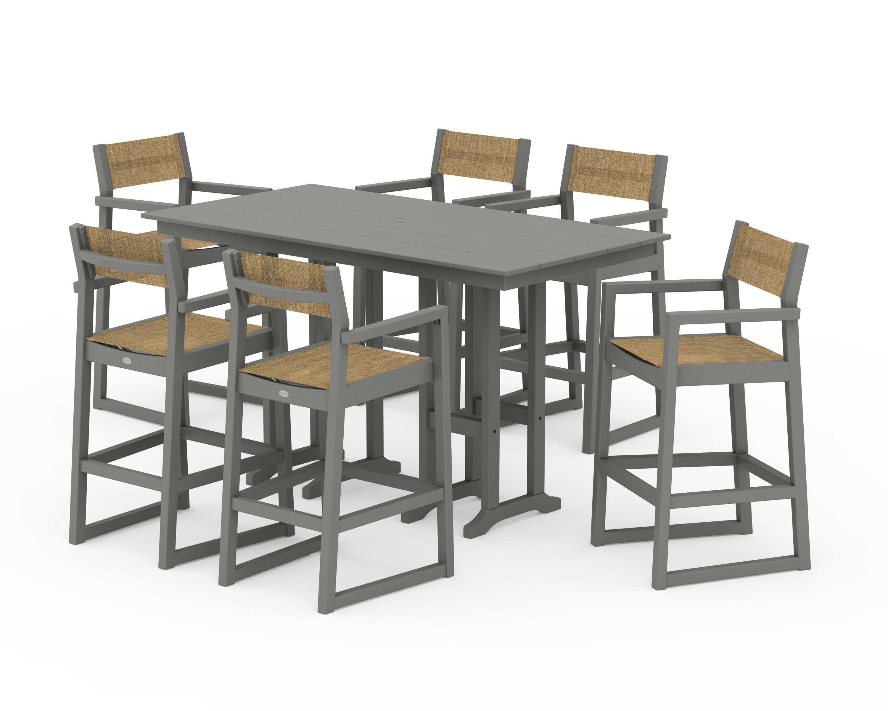 POLYWOOD® EDGE Sling Arm Chair 7-Piece Farmhouse Bar Set in Slate Grey / Burlap Sling