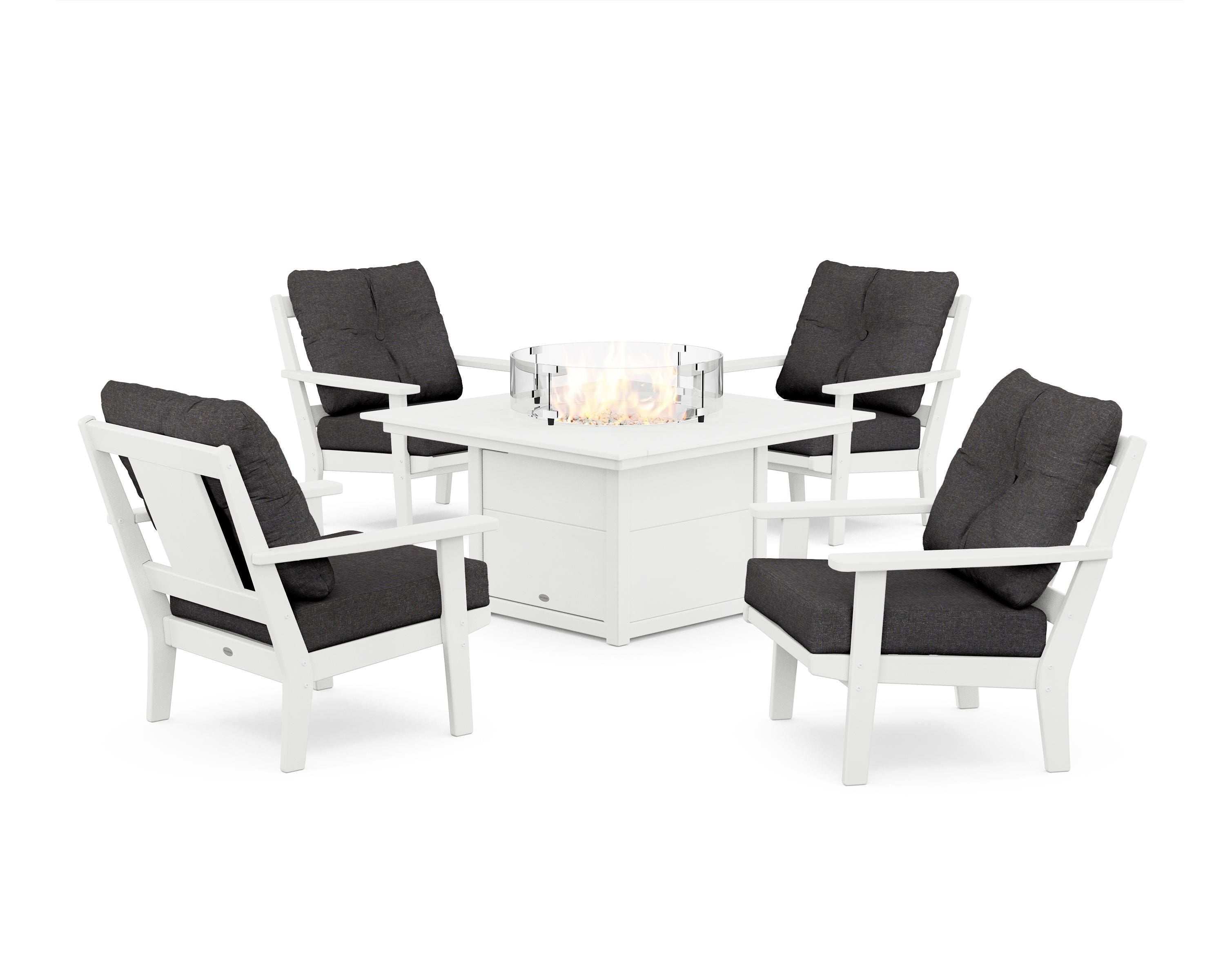 POLYWOOD® Prairie 5-Piece Deep Seating Set with Fire Pit Table in White / Ash Charcoal