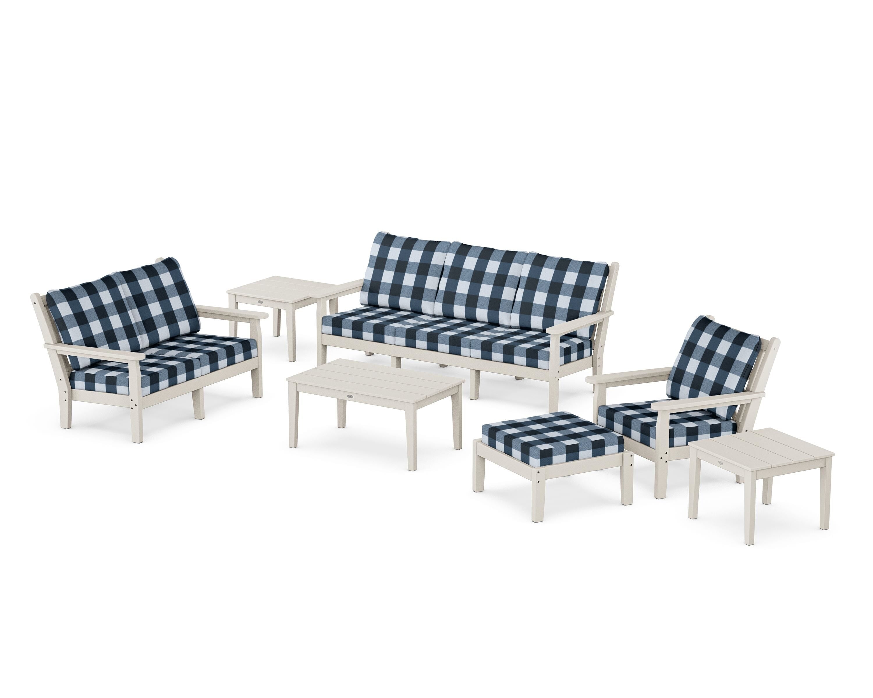POLYWOOD® Chippendale 7-Piece Deep Seating Set in Sand / Buffalo Plaid Marine Indigo