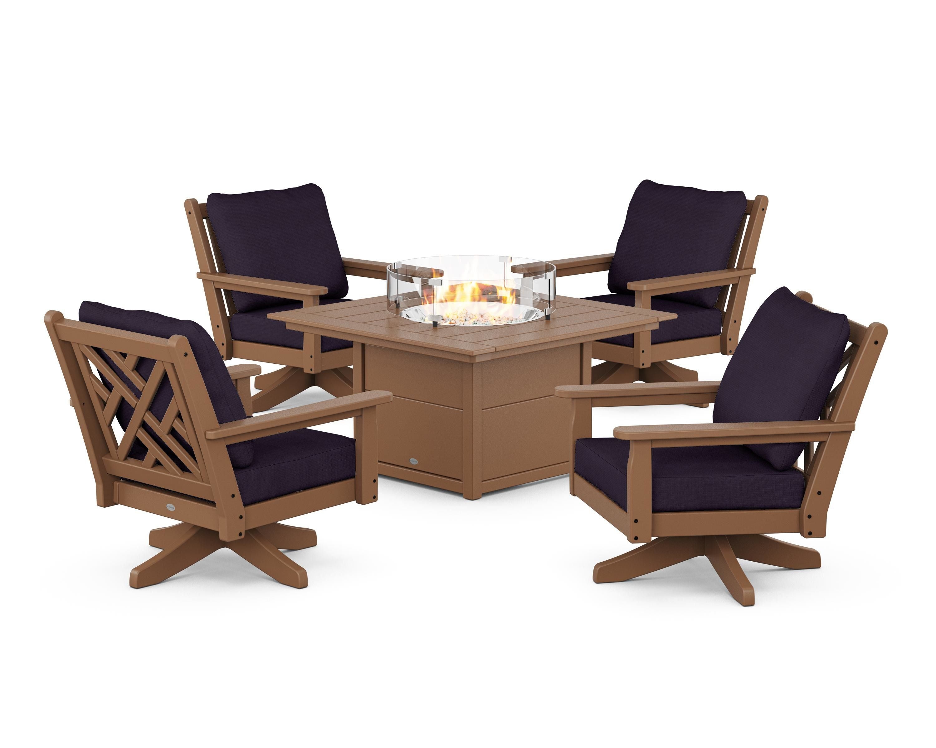 POLYWOOD® Chippendale 5-Piece Deep Seating Swivel Conversation Set with Fire Pit Table in Teak / Navy Linen