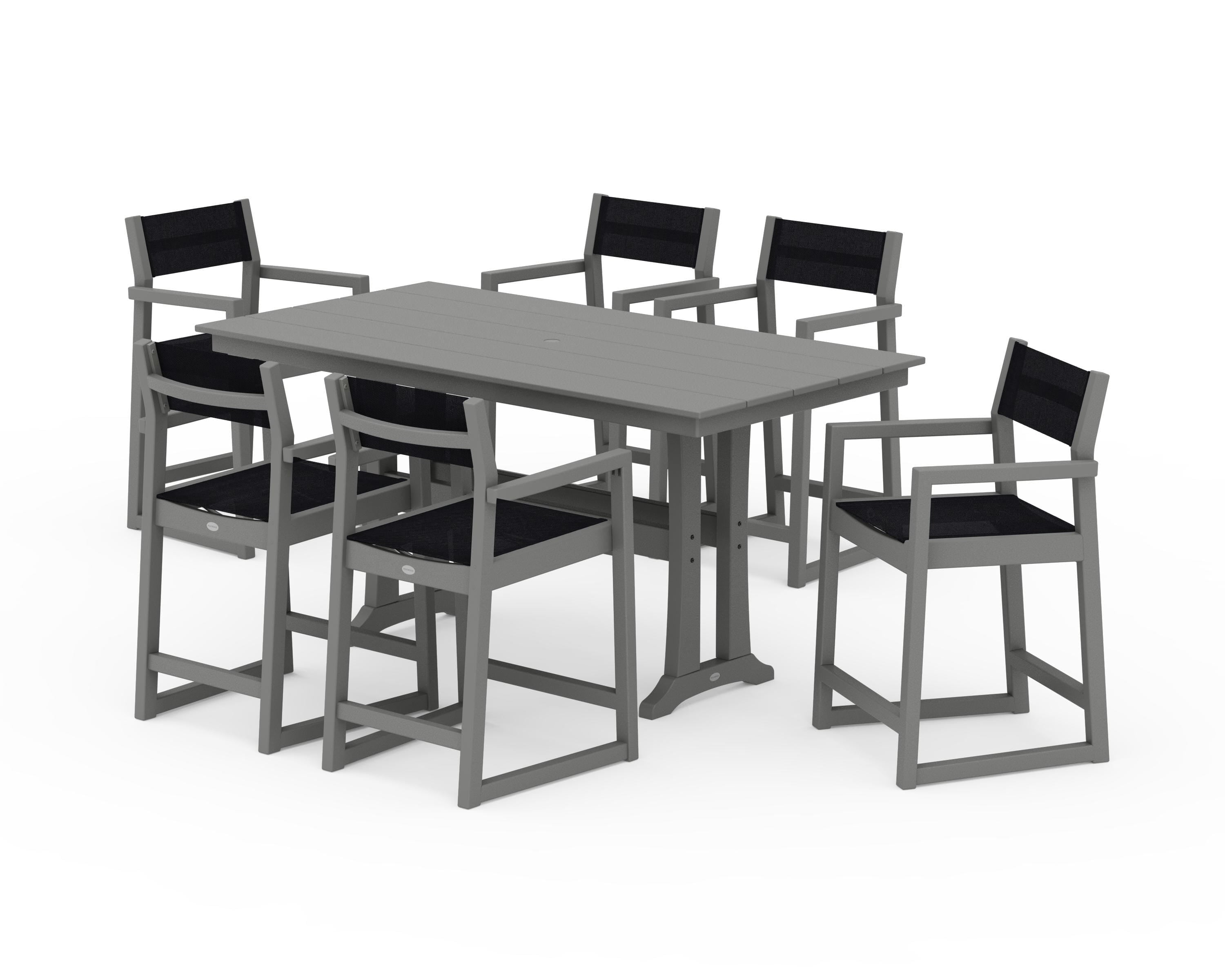 POLYWOOD® EDGE Sling Arm Chair 7-Piece Farmhouse Counter Set with Trestle Legs in Slate Grey / Black Sling