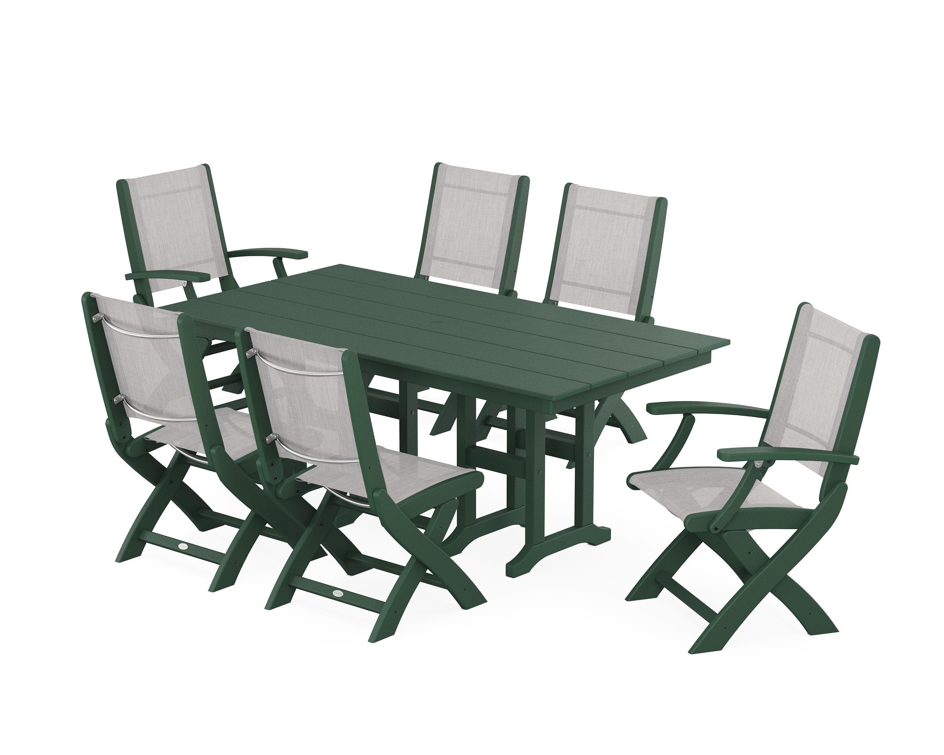 POLYWOOD® Coastal Folding Chair 7-Piece Farmhouse Dining Set in Green / Parchment Sling