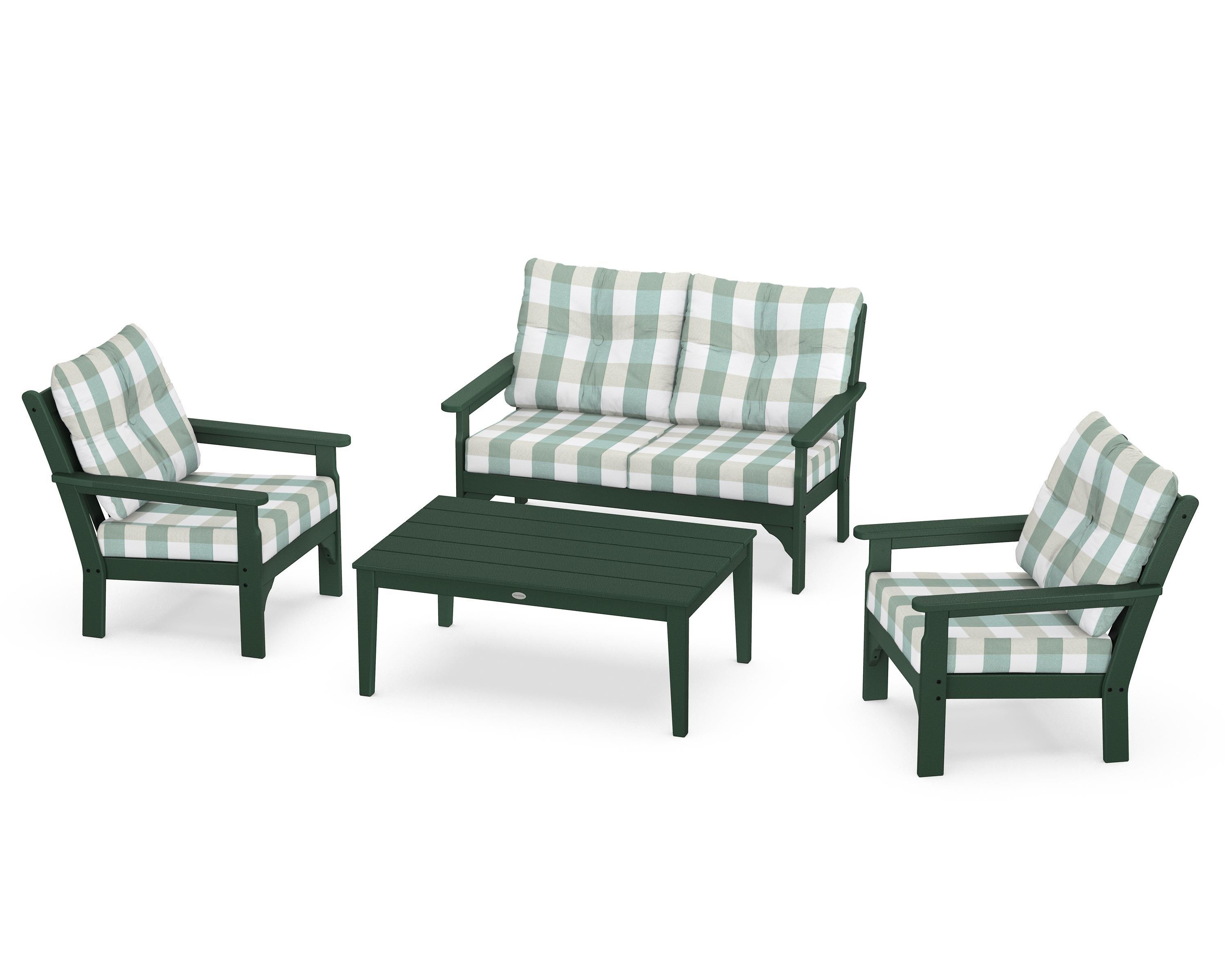 POLYWOOD® Vineyard 4-Piece Deep Seating Set in Green / Buffalo Plaid Glacier Spa