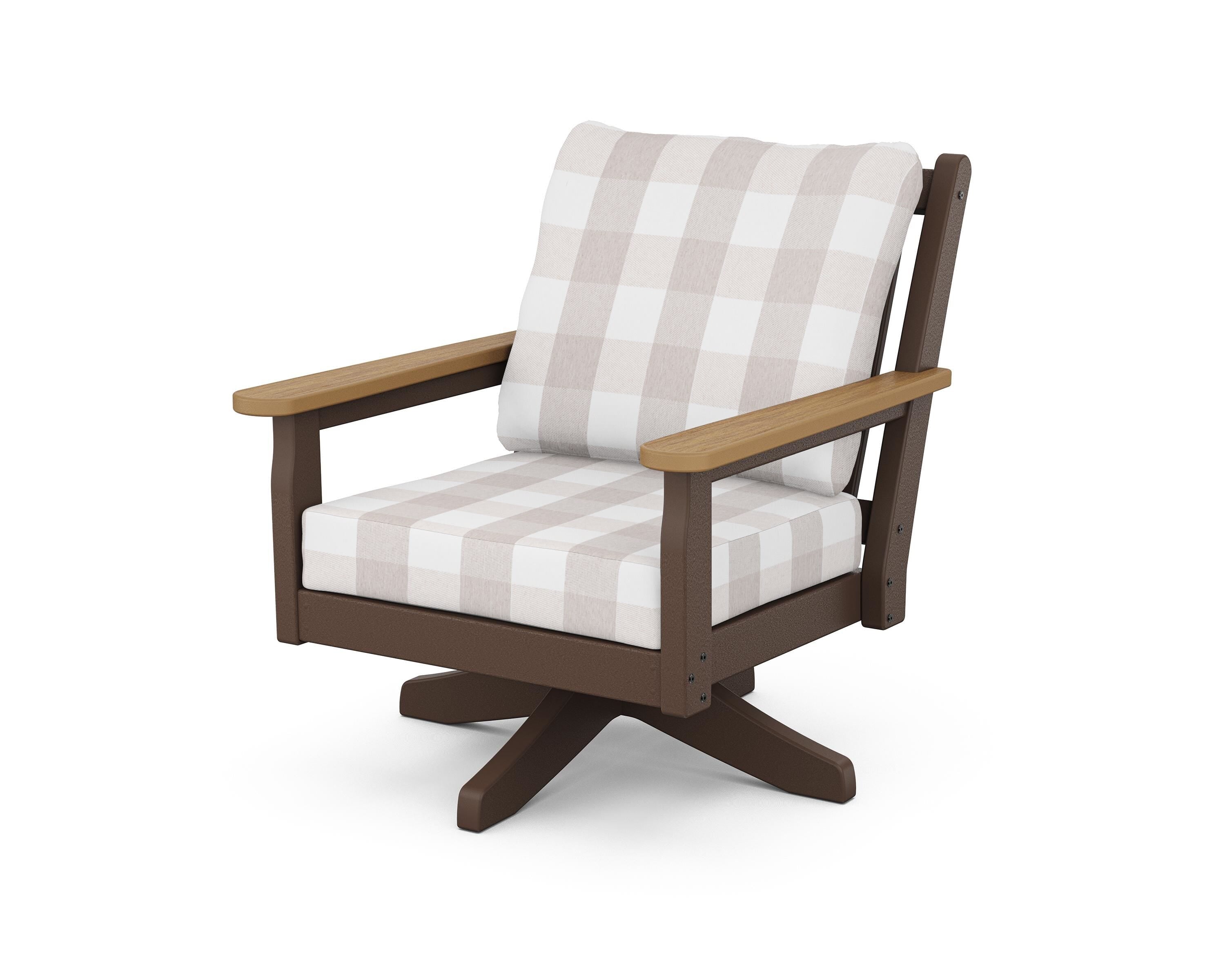 POLYWOOD® Chippendale Deep Seating Swivel Chair in Mahogany / Natural / Buffalo Plaid Dune Burlap
