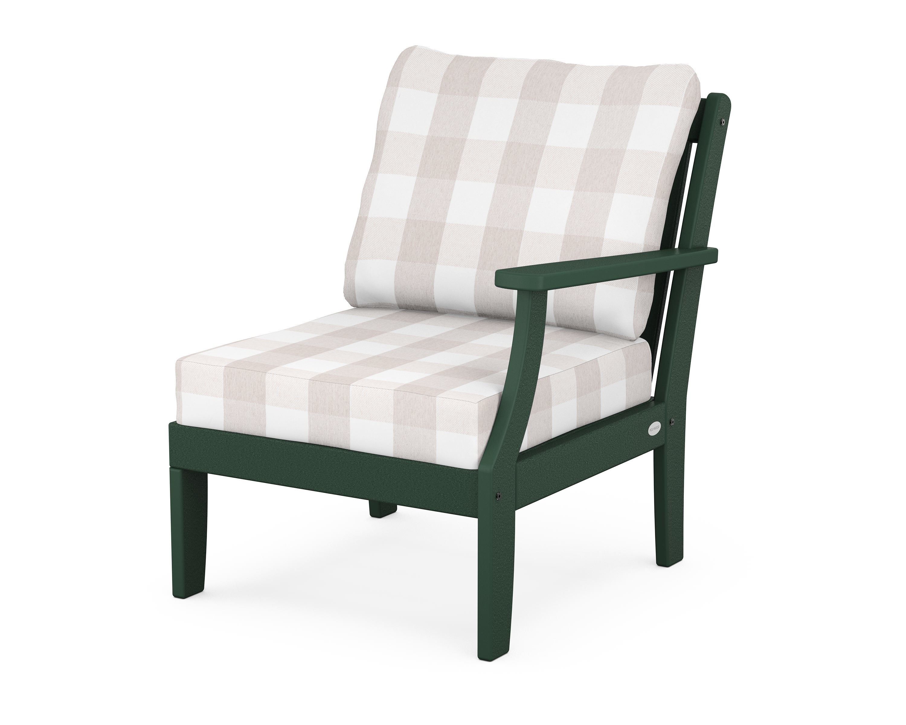 POLYWOOD® Braxton Modular Right Arm Chair in Green / Buffalo Plaid Dune Burlap