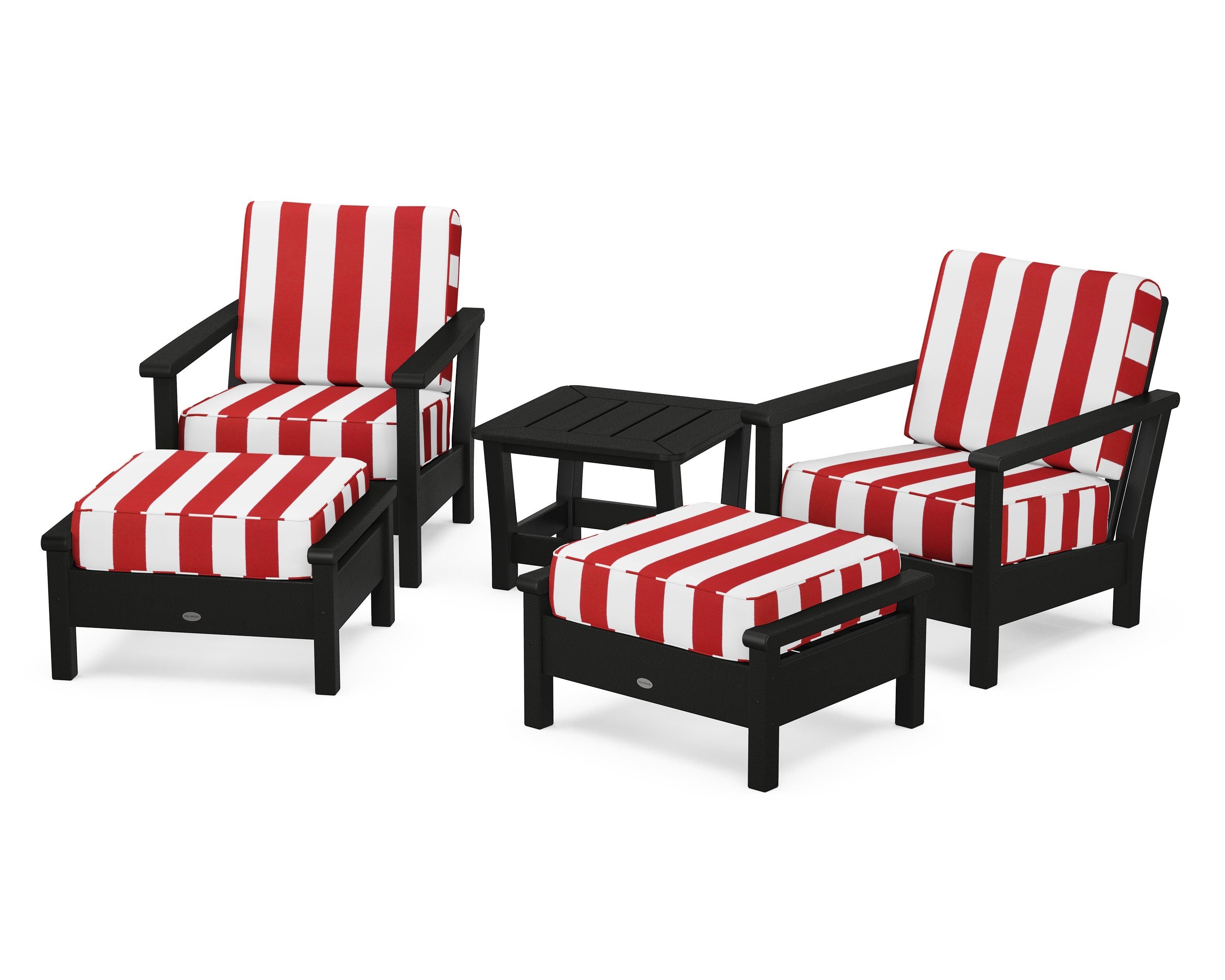 POLYWOOD® Harbour 5-Piece Deep Seating Chair Set in Black / Cabana Stripe Crimson