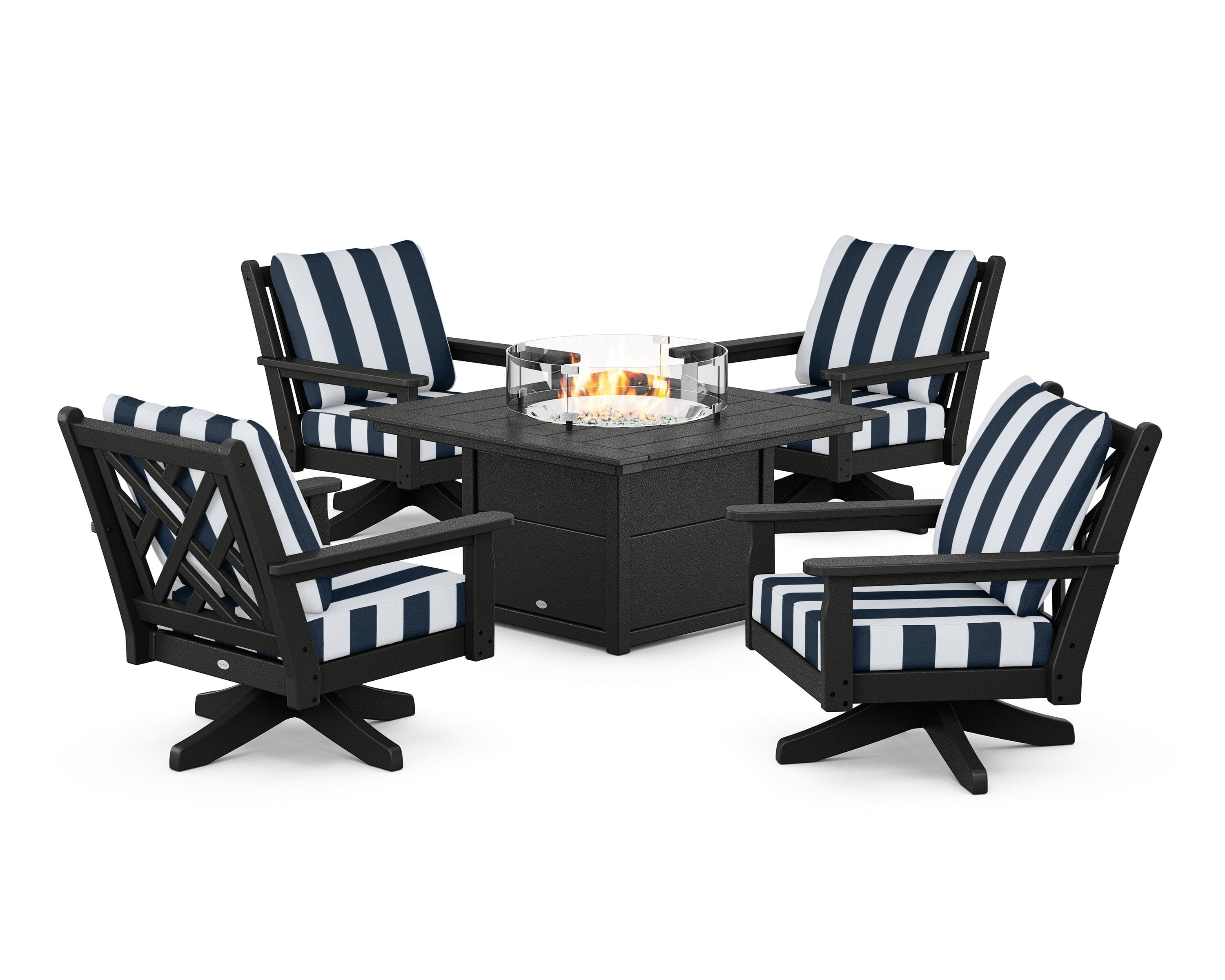 POLYWOOD® Chippendale 5-Piece Deep Seating Swivel Conversation Set with Fire Pit Table in Black / Cabana Stripe Marine Indigo