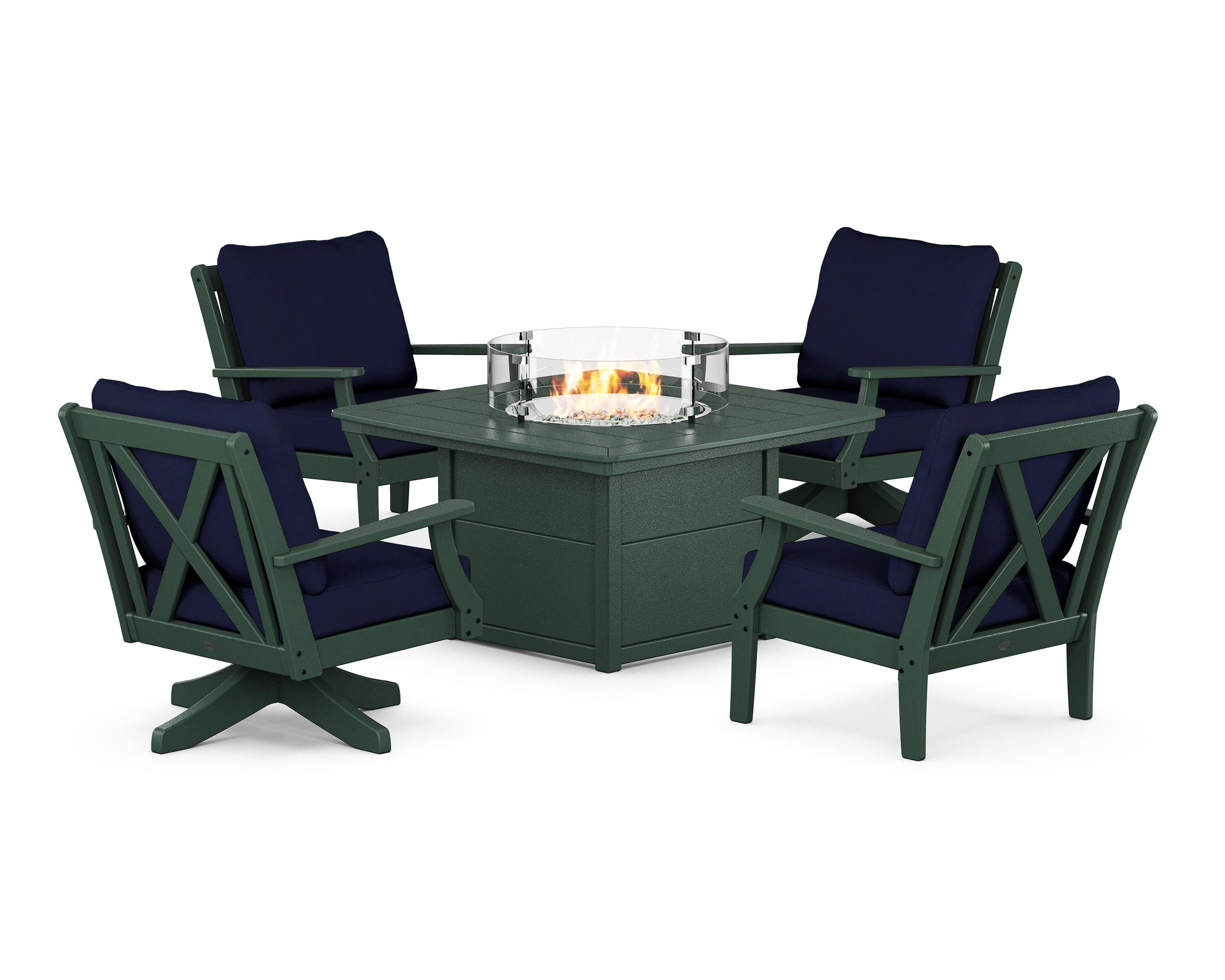 POLYWOOD® Braxton 5-Piece Deep Seating Set with Fire Table in Green / Navy