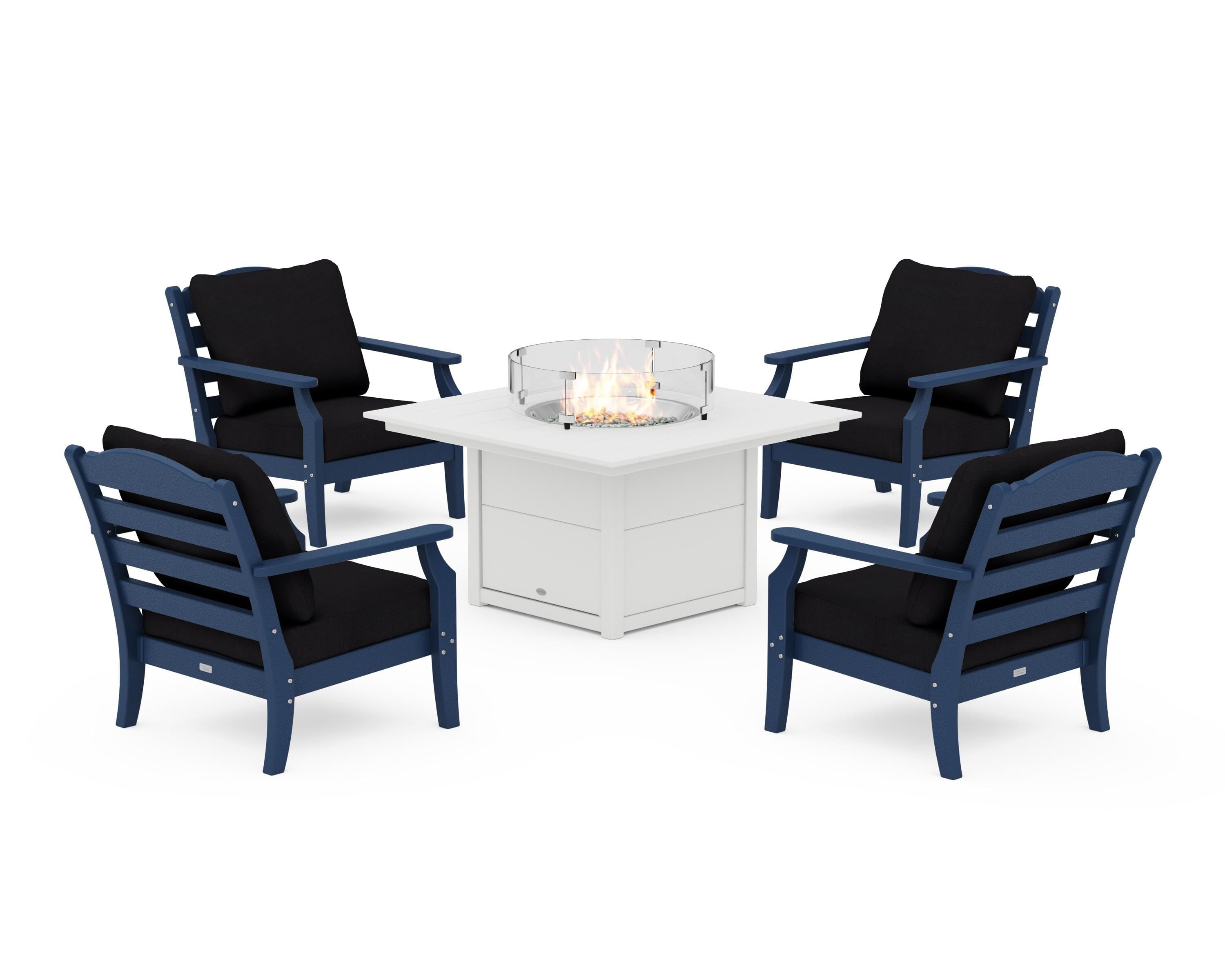Draper James™ by POLYWOOD® Savannah 5-Piece Deep Seating Set with Fire Pit Table in Navy / Midnight Linen