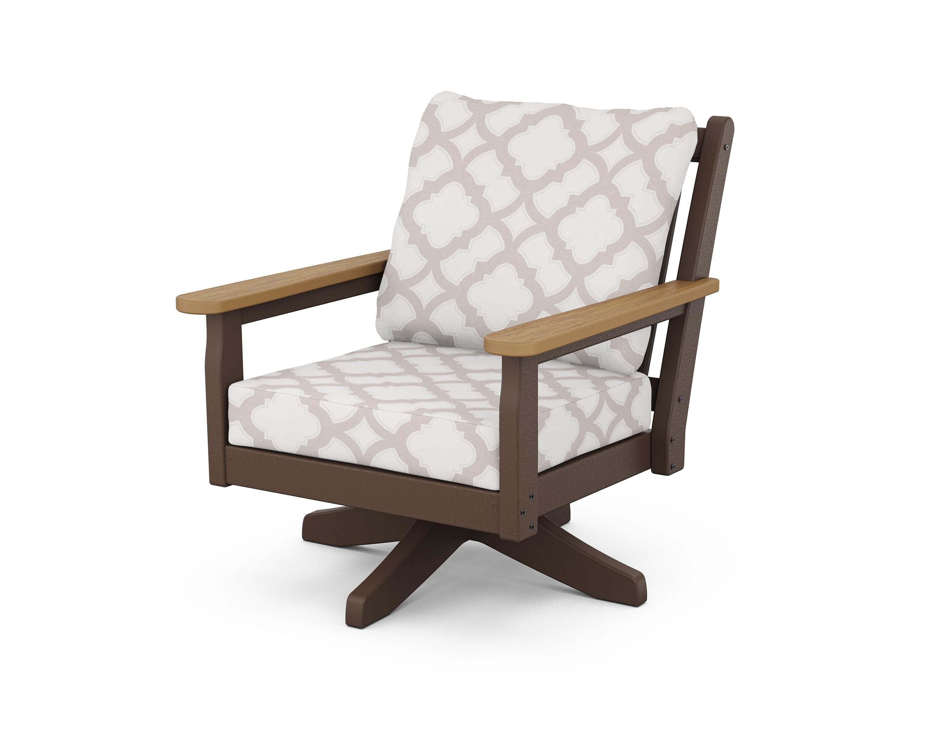 POLYWOOD® Chippendale Deep Seating Swivel Chair in Mahogany / Natural / Trellis Dune Burlap