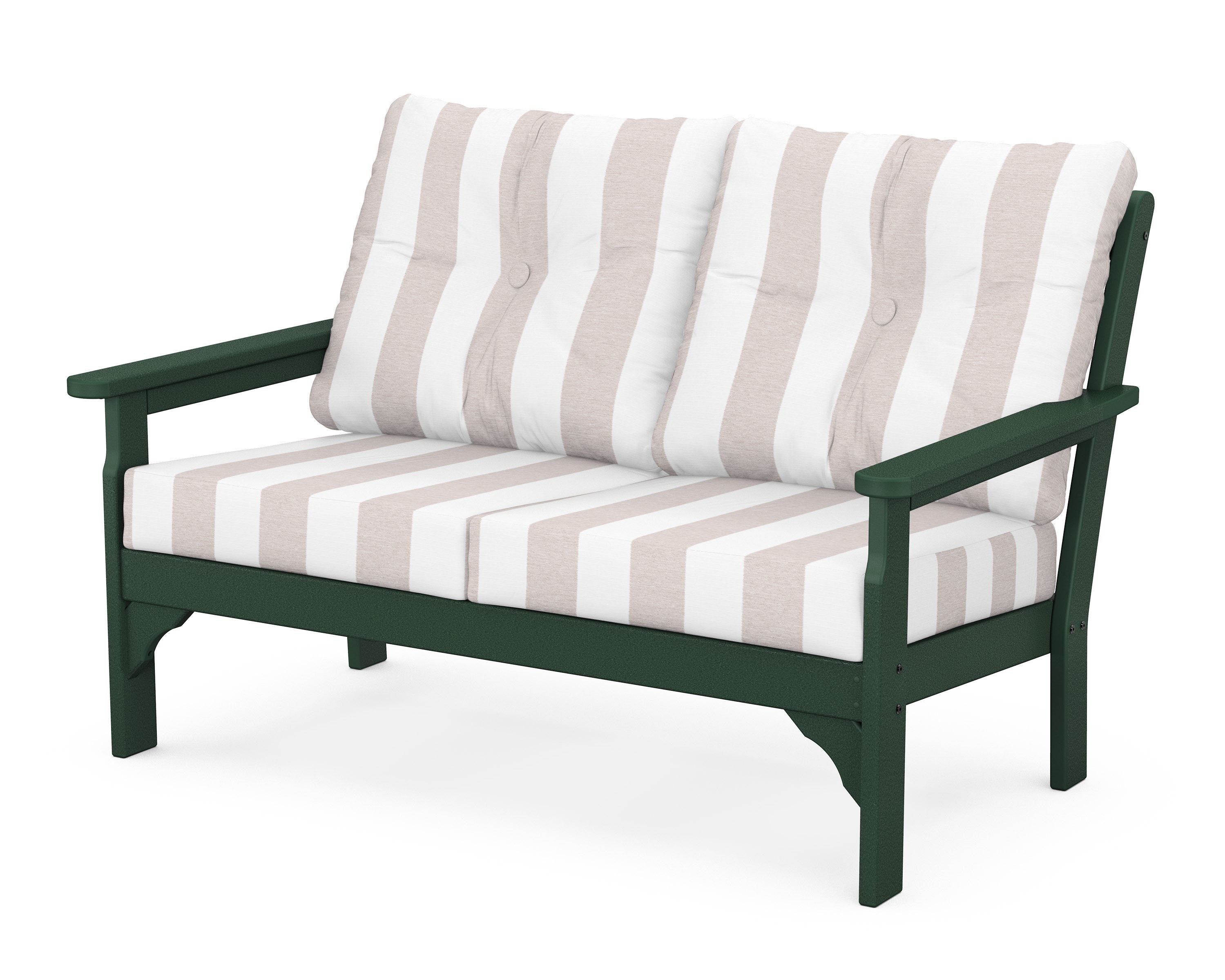 POLYWOOD® Vineyard Deep Seating Loveseat in Green / Cabana Stripe Dune Burlap