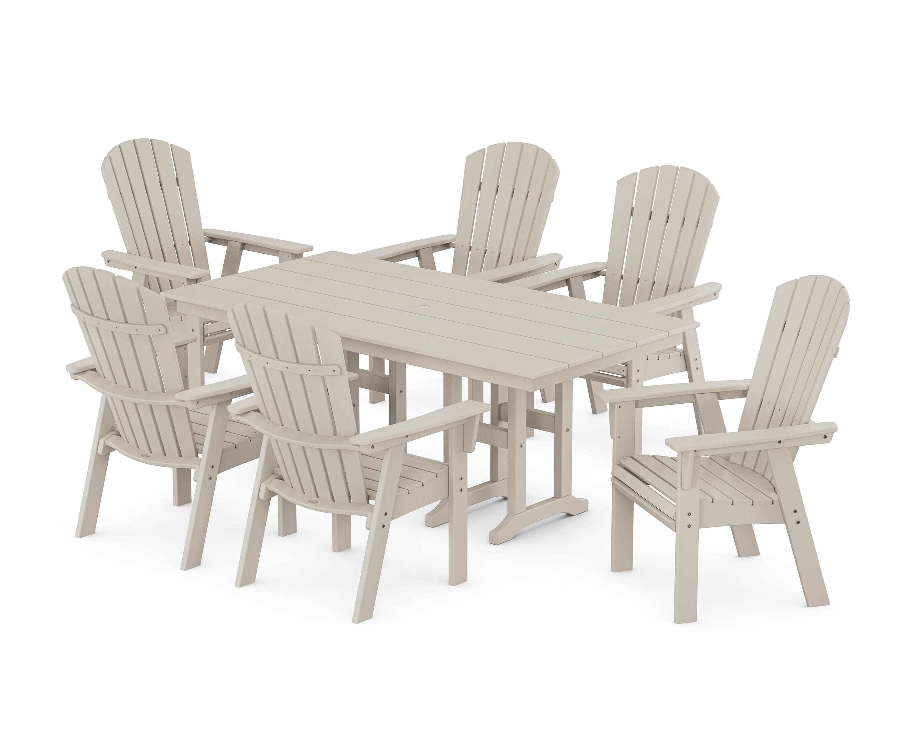 POLYWOOD® Nautical Curveback Adirondack 7-Piece Farmhouse Dining Set in Sand