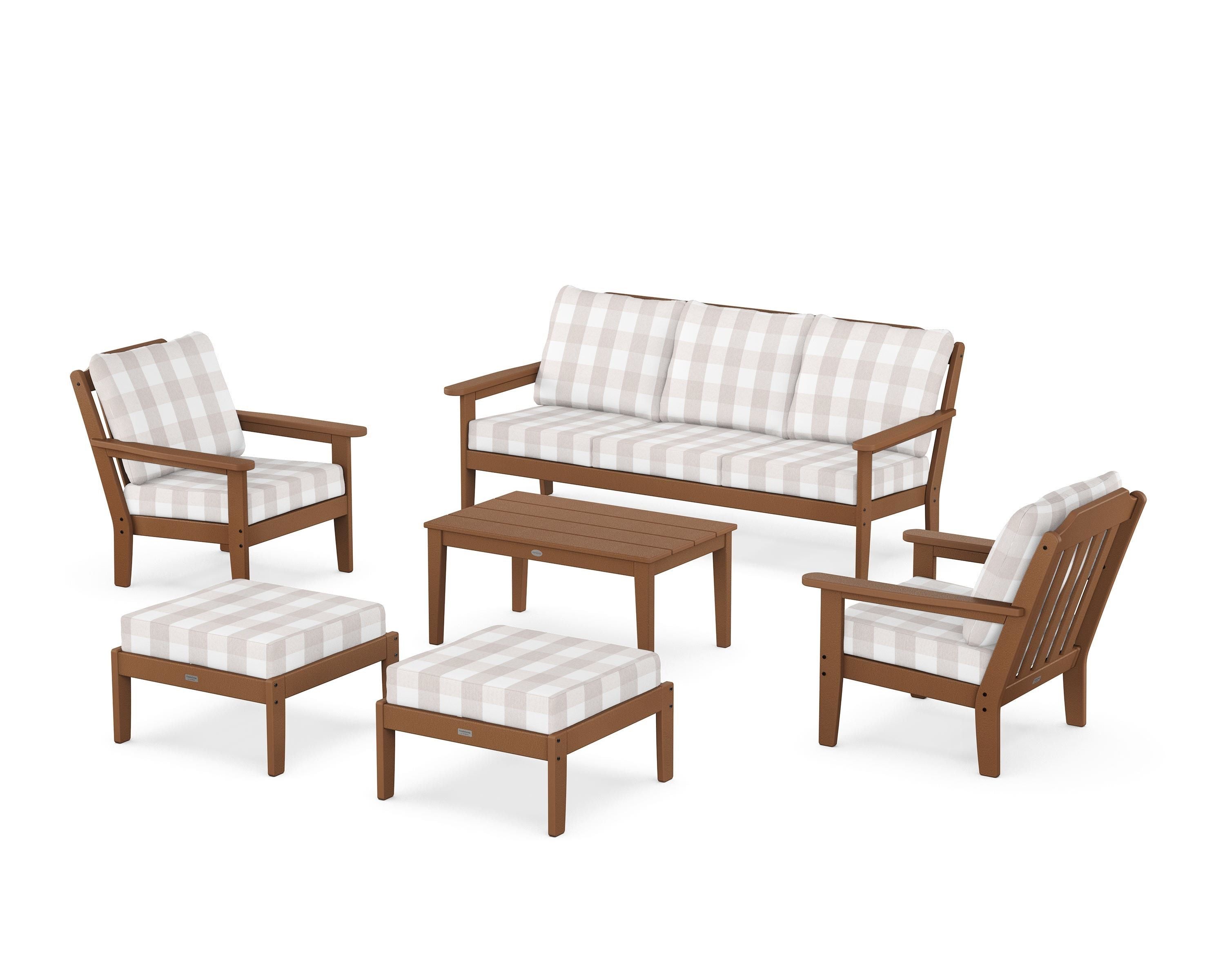 Country Living Cottage 6-Piece Lounge Sofa Set in Teak / Buffalo Plaid Dune Burlap