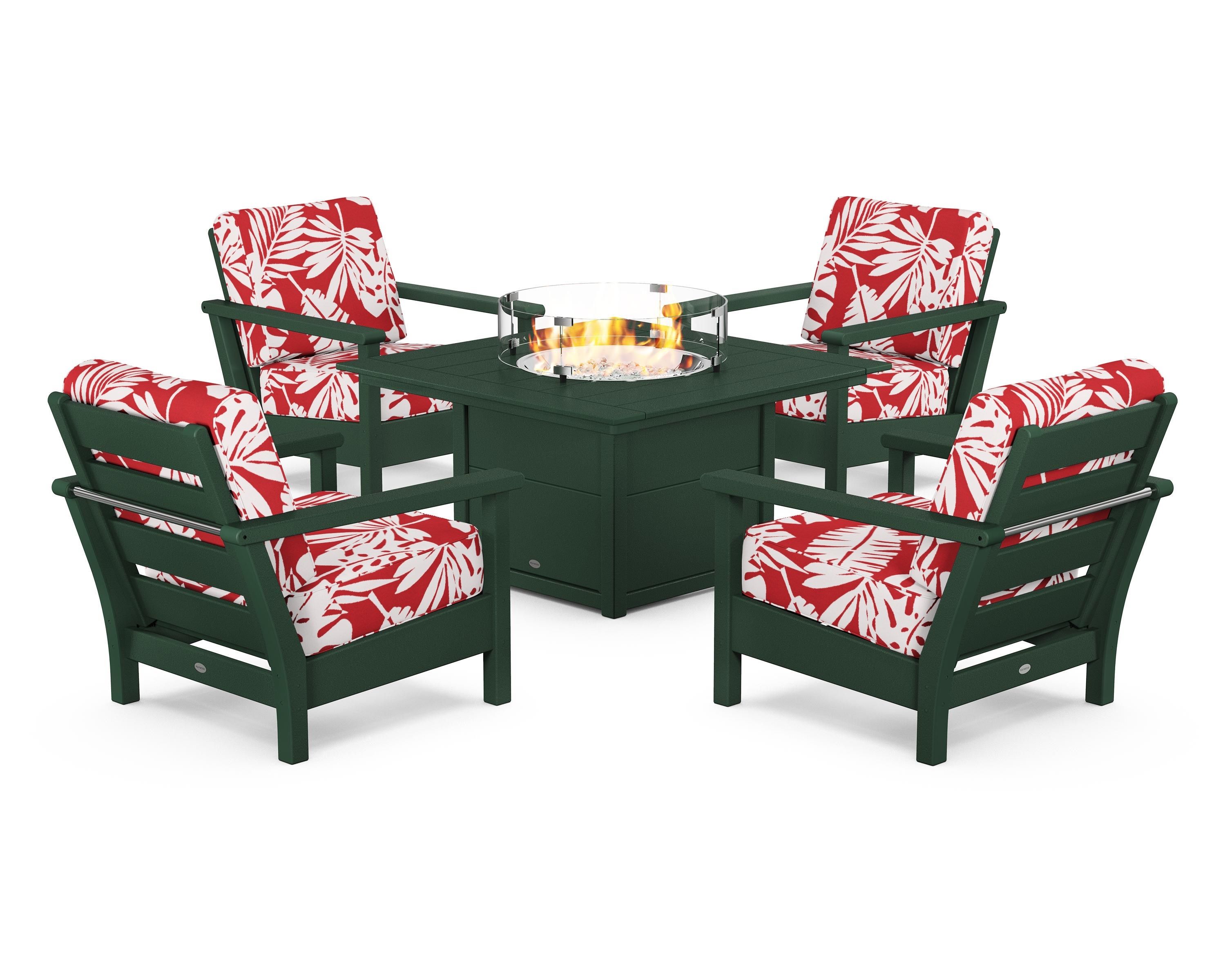 POLYWOOD® Harbour 5-Piece Conversation Set with Fire Pit Table in Green / Leaf Crimson