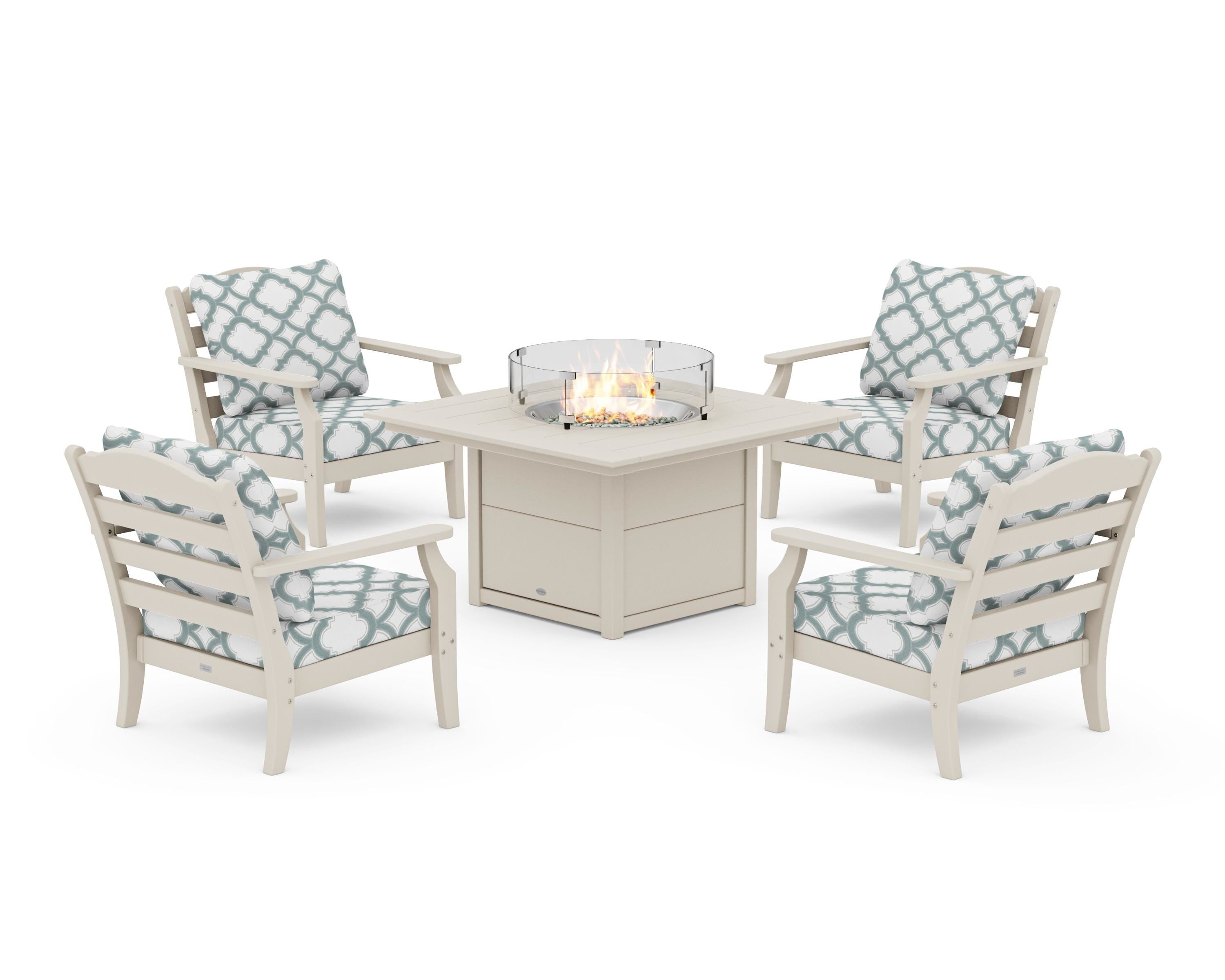 Draper James™ by POLYWOOD® Savannah 5-Piece Deep Seating Set with Fire Pit Table in Sand / Trellis Glacier Spa