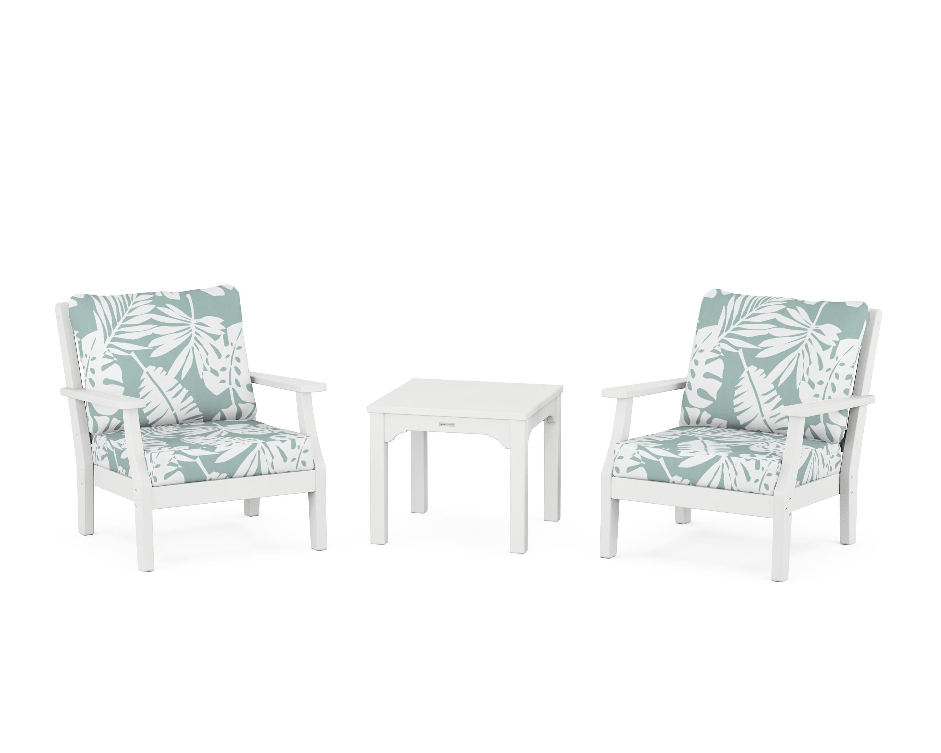 Martha Stewart by POLYWOOD® Chinoiserie 3-Piece Deep Seating Set in White / Leaf Glacier Spa