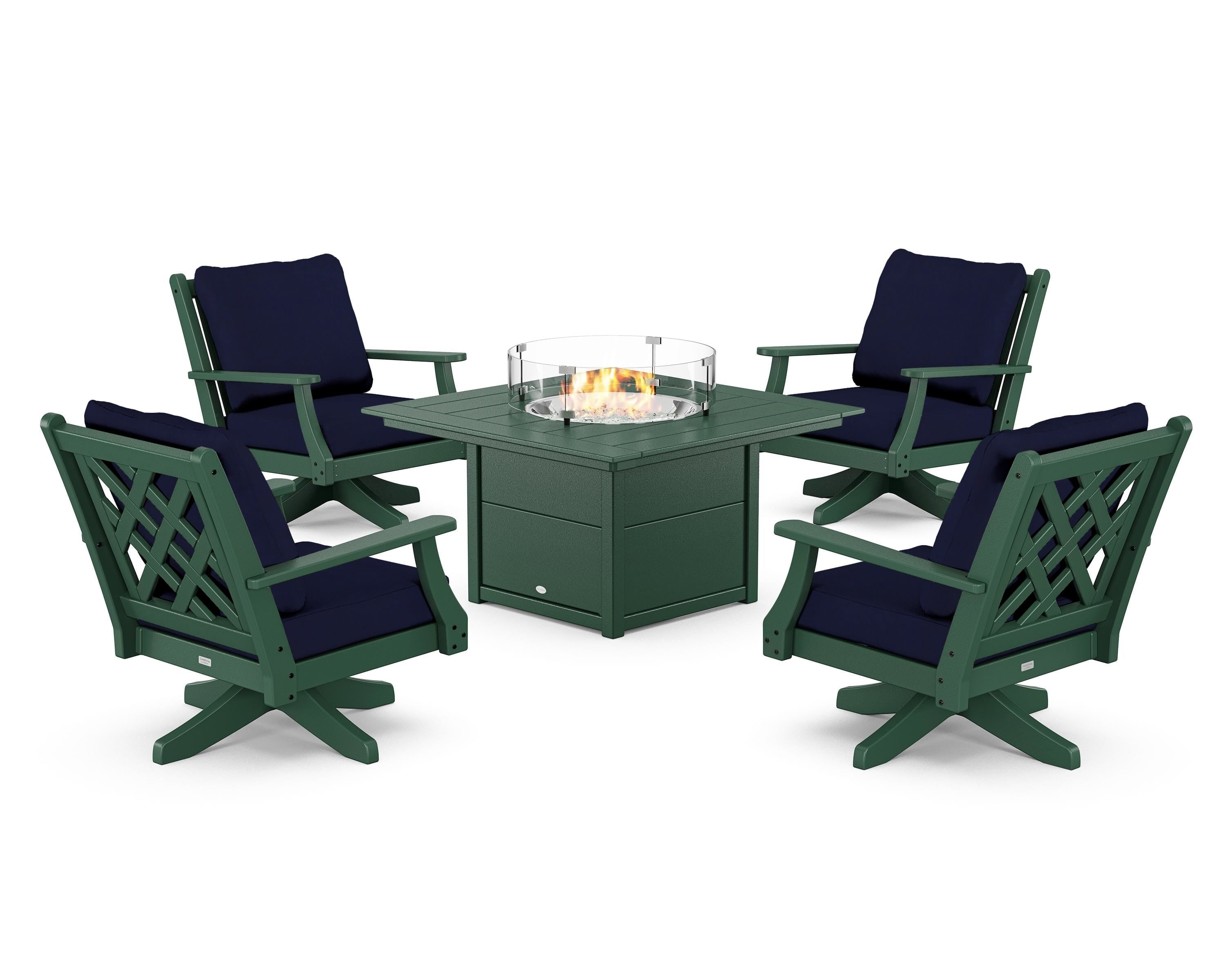 Country Living Wovendale 5-Piece Deep Seating Swivel Conversation Set with Fire Pit Table in Green / Navy