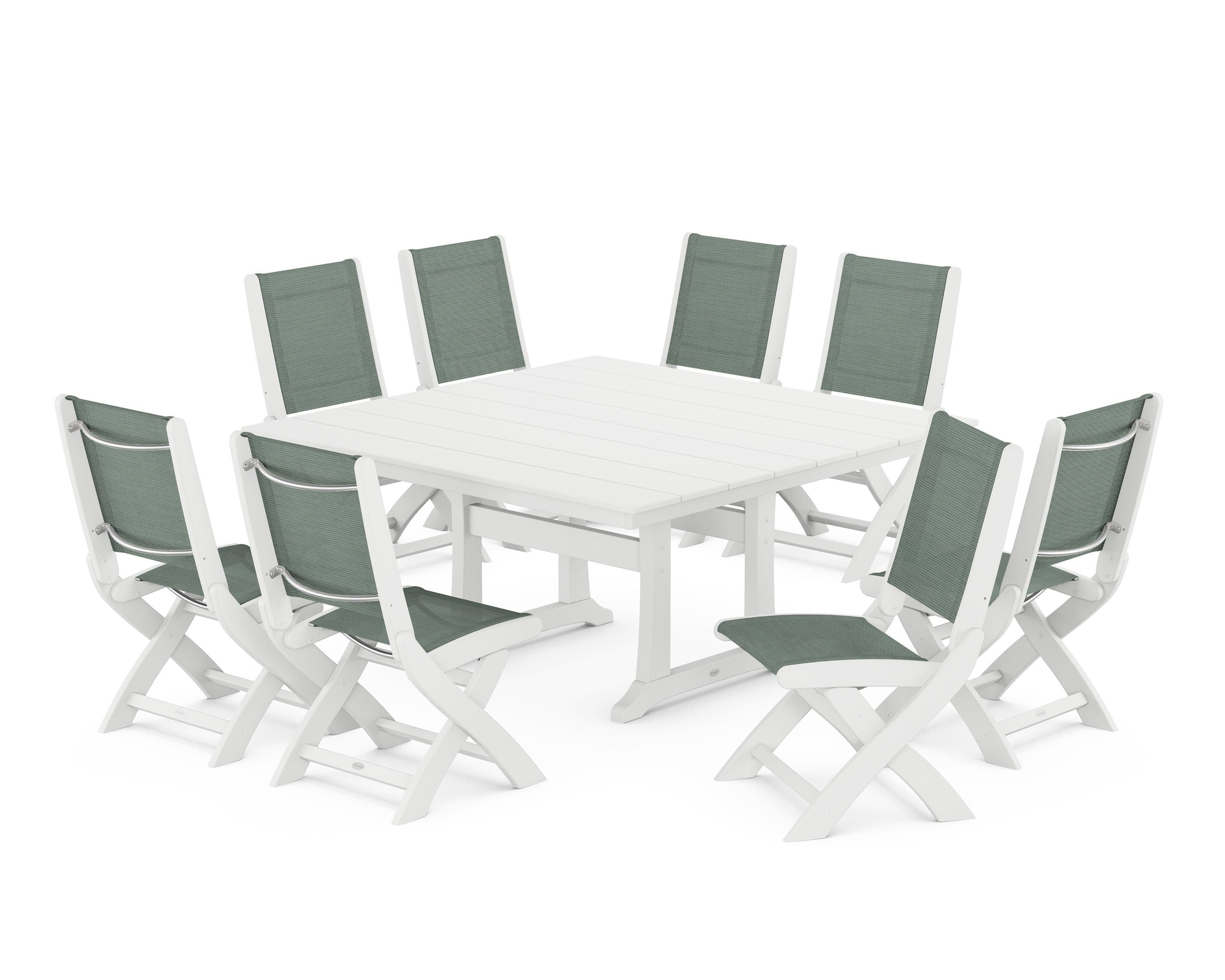 POLYWOOD® Coastal Folding Side Chair 9-Piece Farmhouse Dining Set in White / Dupioni Sea Mist Sling