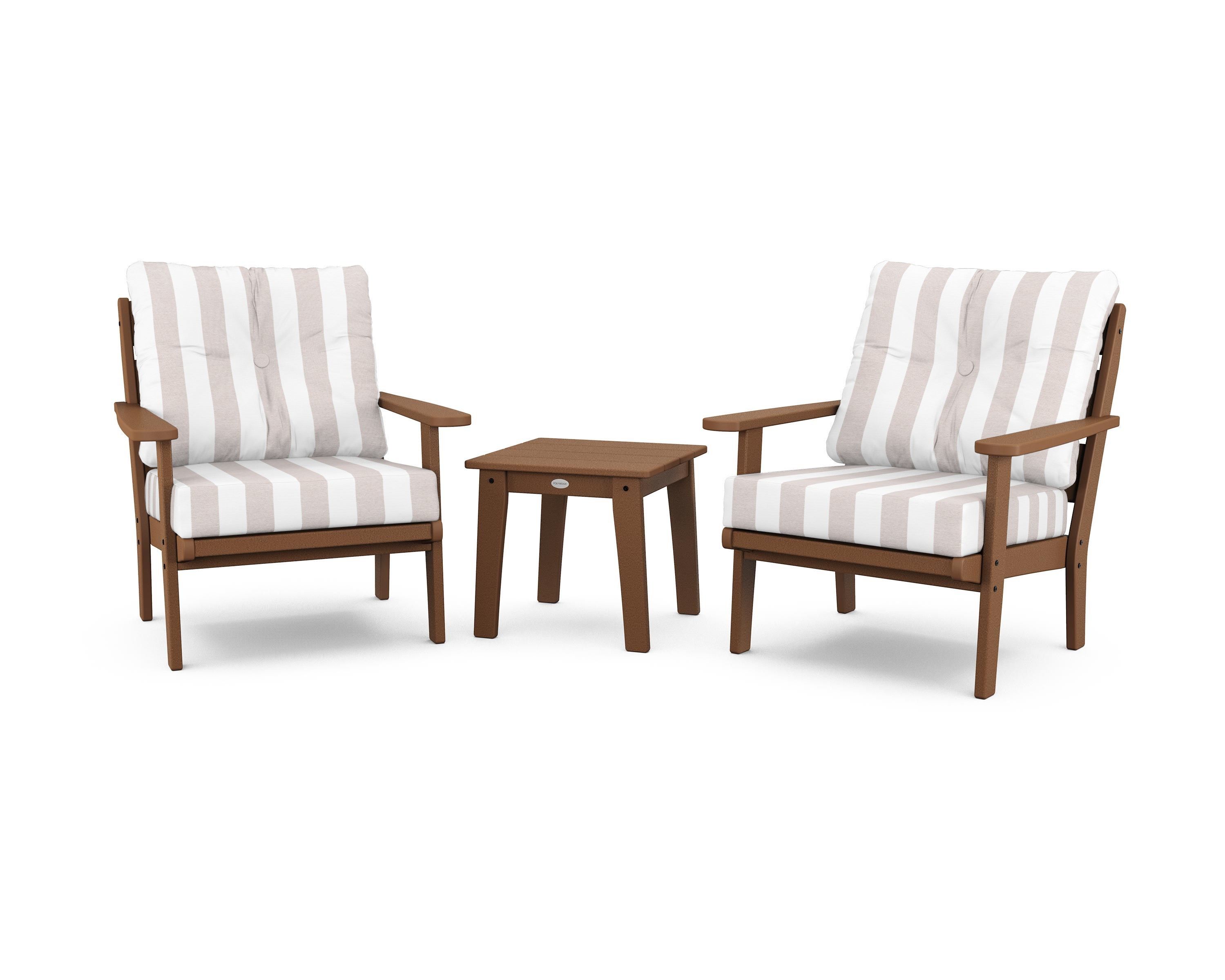 POLYWOOD® Lakeside 3-Piece Deep Seating Chair Set in Teak / Cabana Stripe Dune Burlap