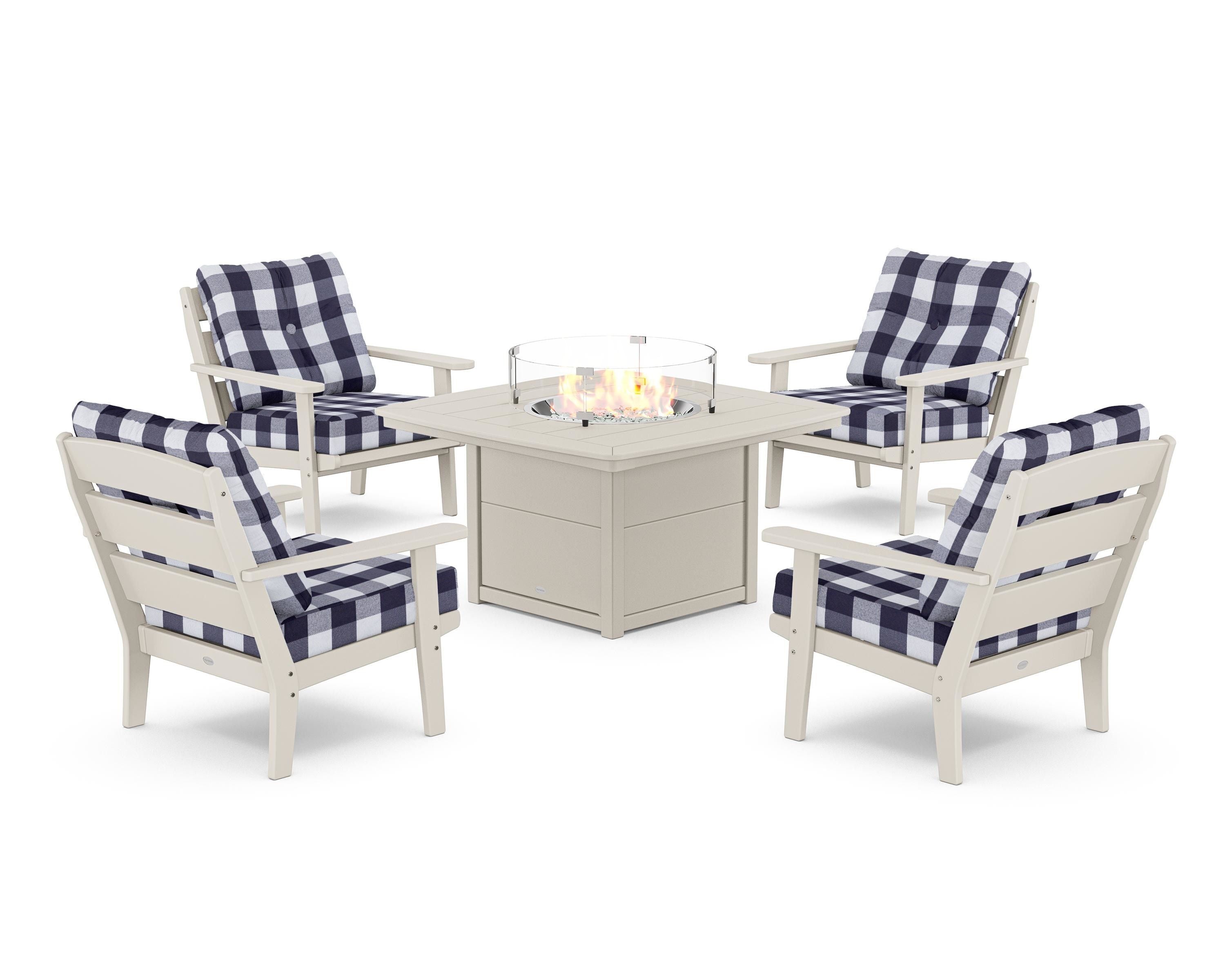 POLYWOOD® Lakeside 5-Piece Deep Seating Set with Nautical Fire Pit Table in Sand / Buffalo Plaid Navy