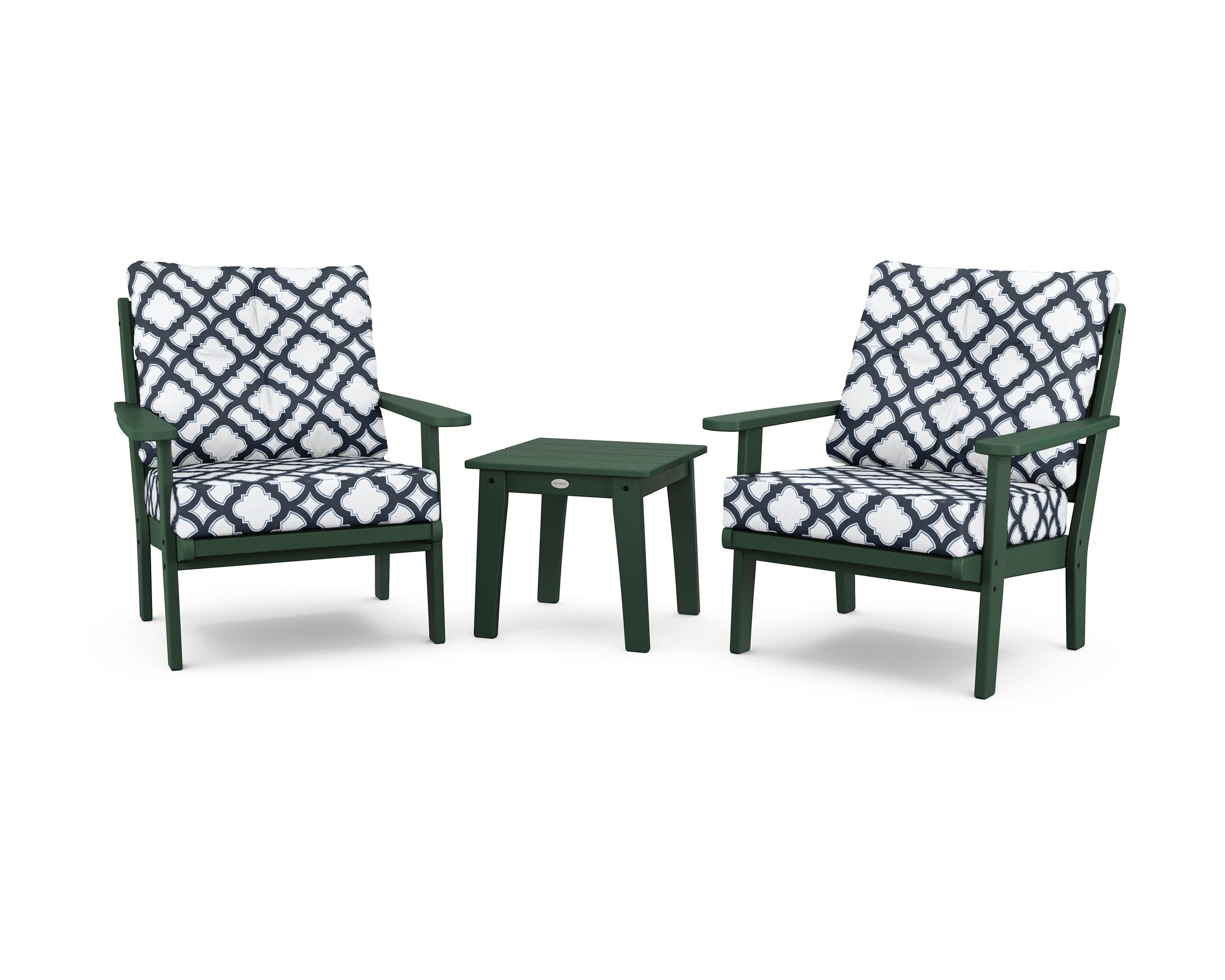 POLYWOOD® Lakeside 3-Piece Deep Seating Chair Set in Green / Trellis Marine Indigo