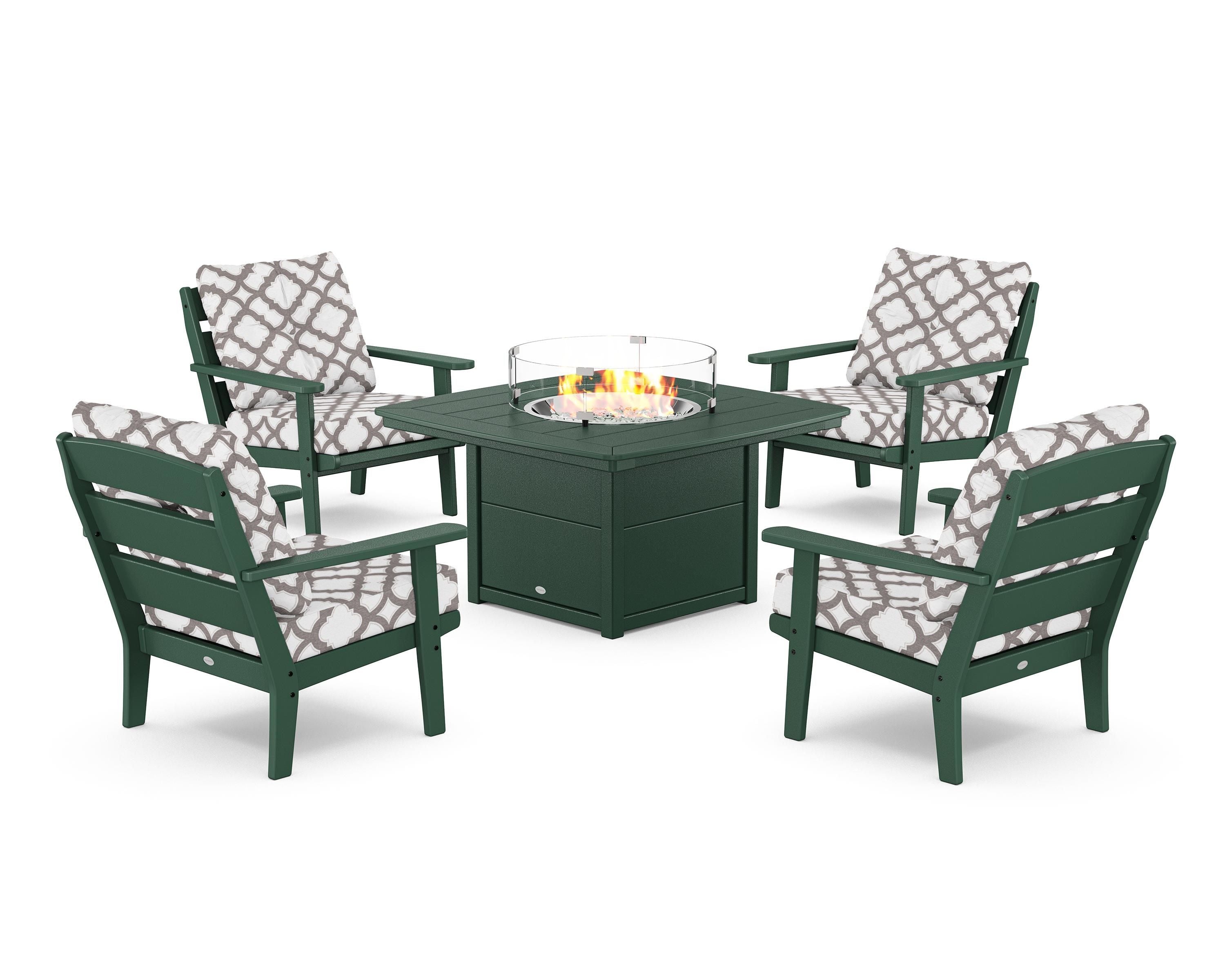 POLYWOOD® Lakeside 5-Piece Deep Seating Set with Nautical Fire Pit Table in Green / Trellis Grey Mist