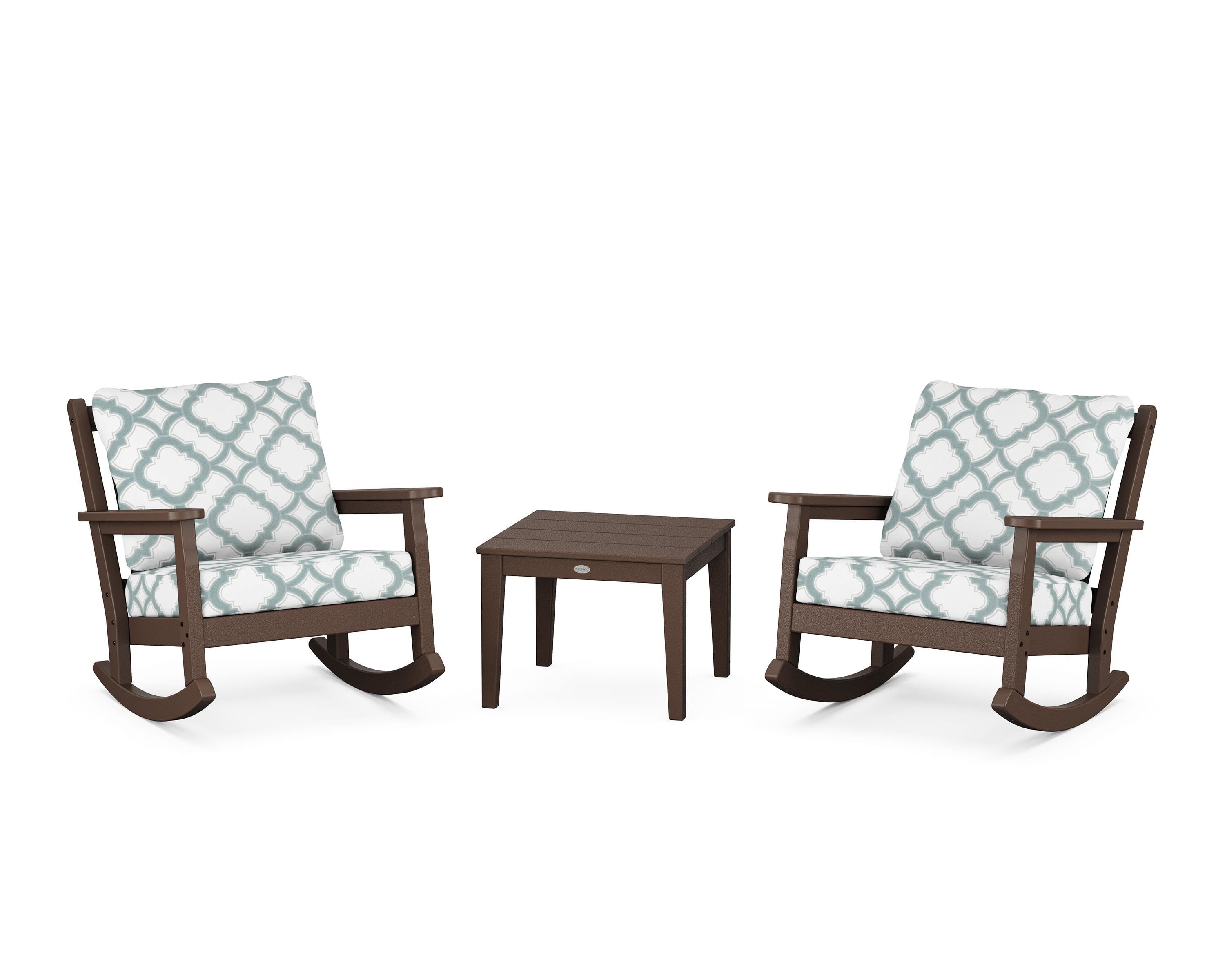 POLYWOOD® Chippendale 3-Piece Deep Seating Rocker Set in Mahogany / Trellis Glacier Spa