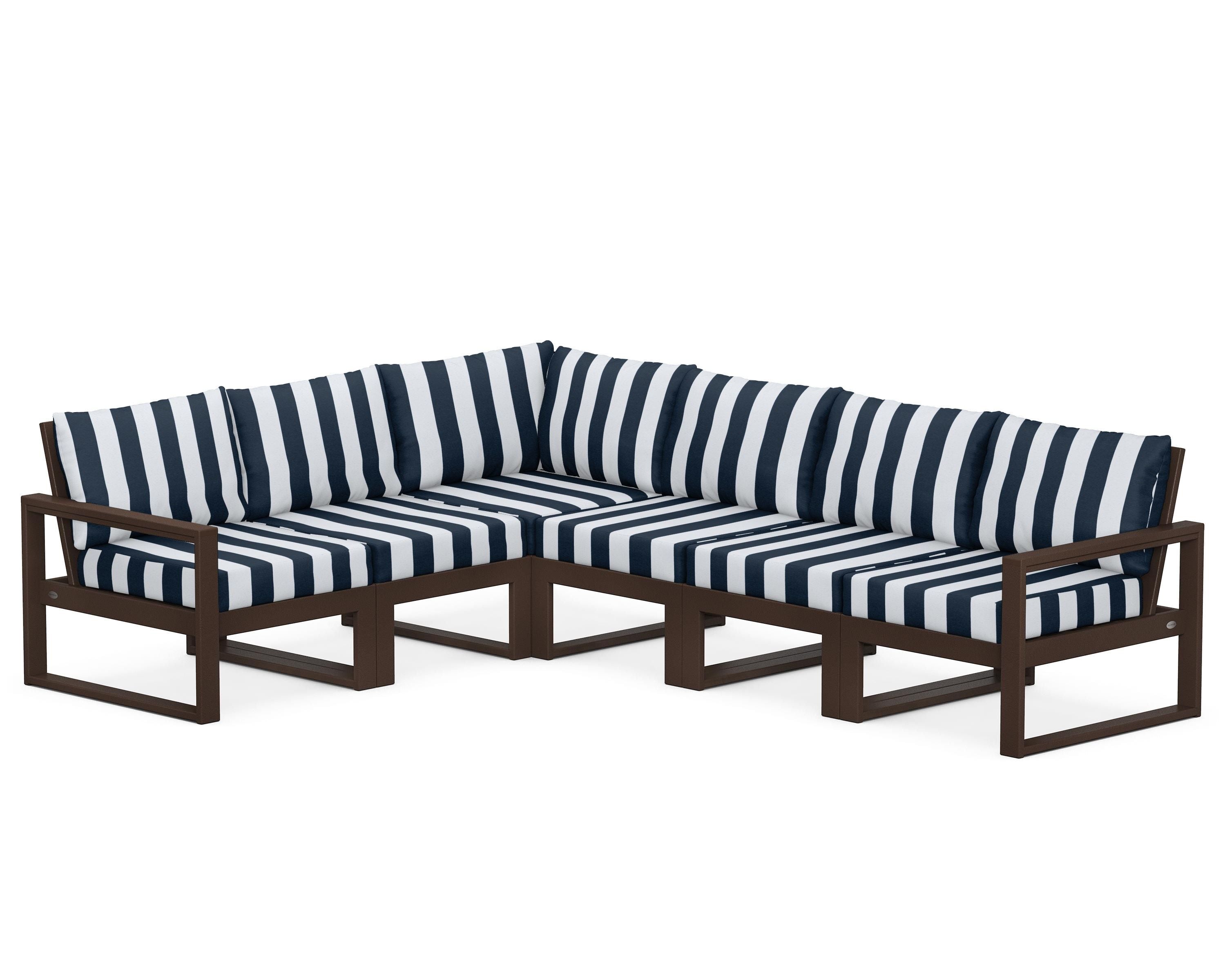 POLYWOOD® EDGE 6-Piece Modular Deep Seating Set in Mahogany / Cabana Stripe Marine Indigo