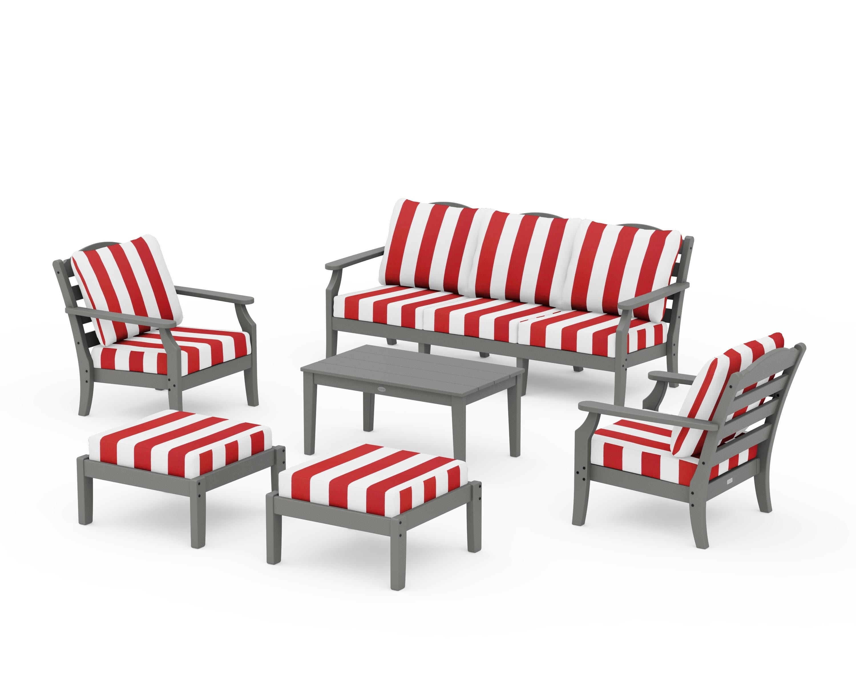 Draper James™ by POLYWOOD® Savannah 6-Piece Lounge Sofa Set in Slate Grey / Cabana Stripe Crimson