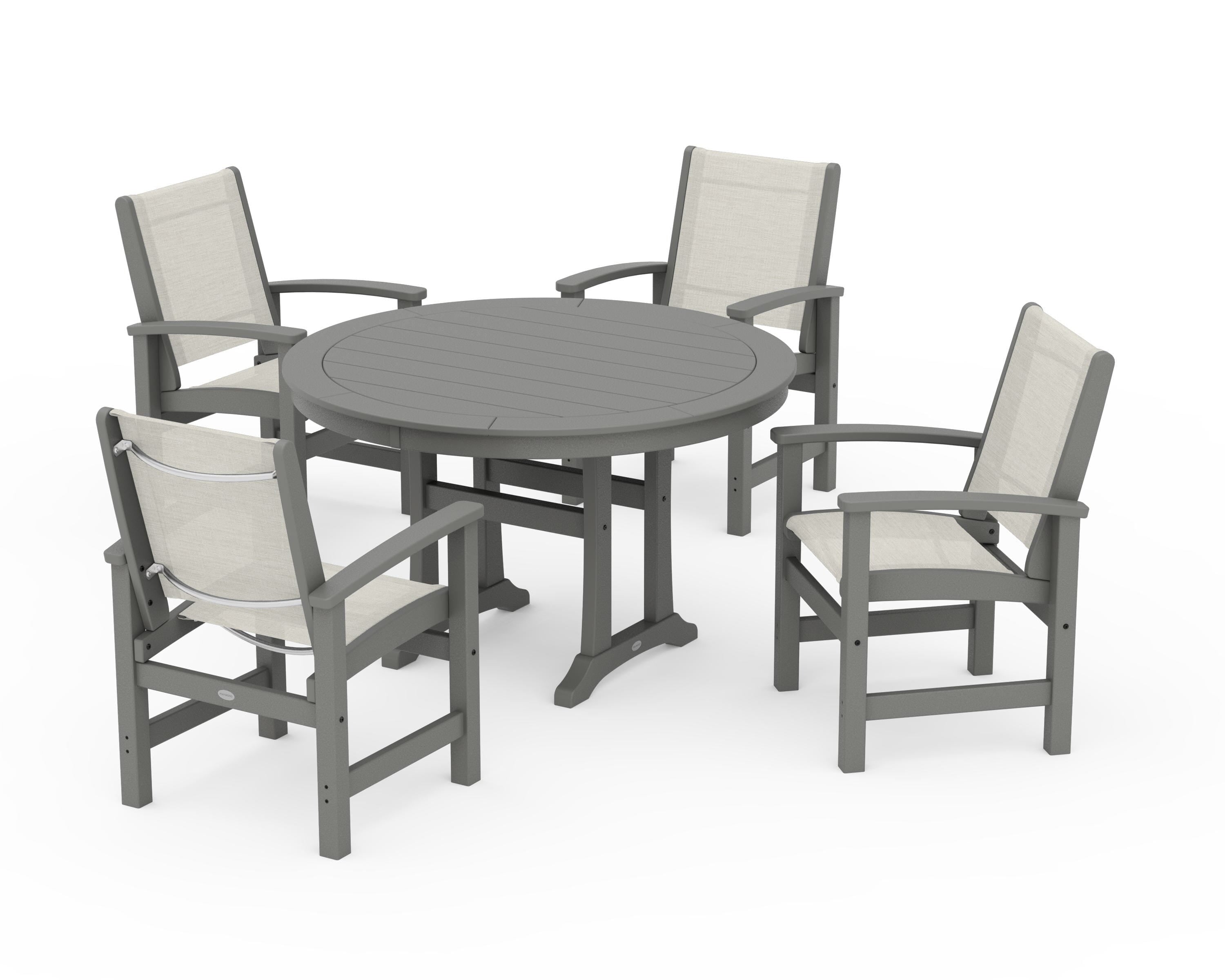 POLYWOOD® Coastal 5-Piece Round Dining Set with Trestle Legs in Slate Grey / Parchment Sling