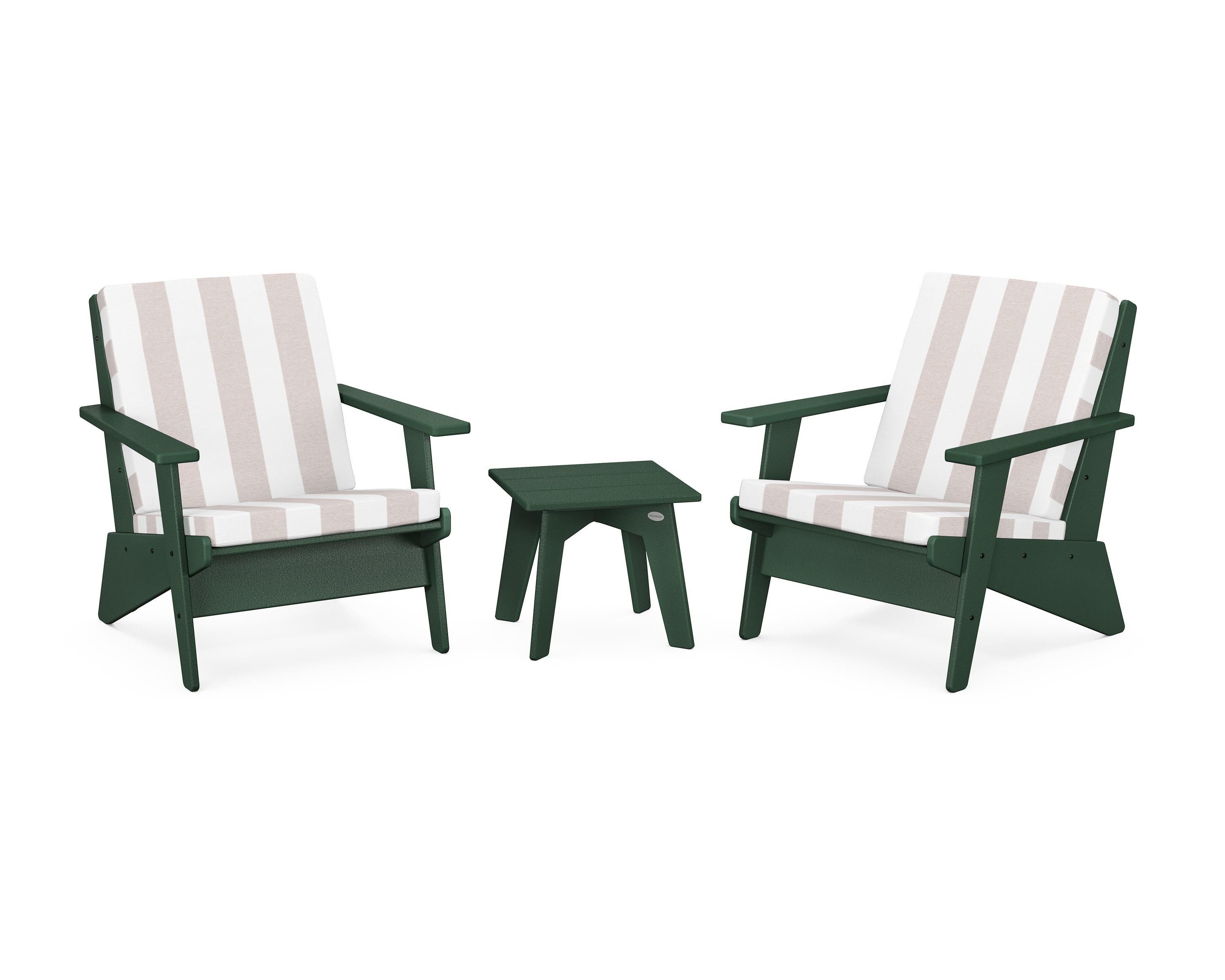 POLYWOOD® Riviera Modern Lounge 3-Piece Set in Green / Cabana Stripe Dune Burlap