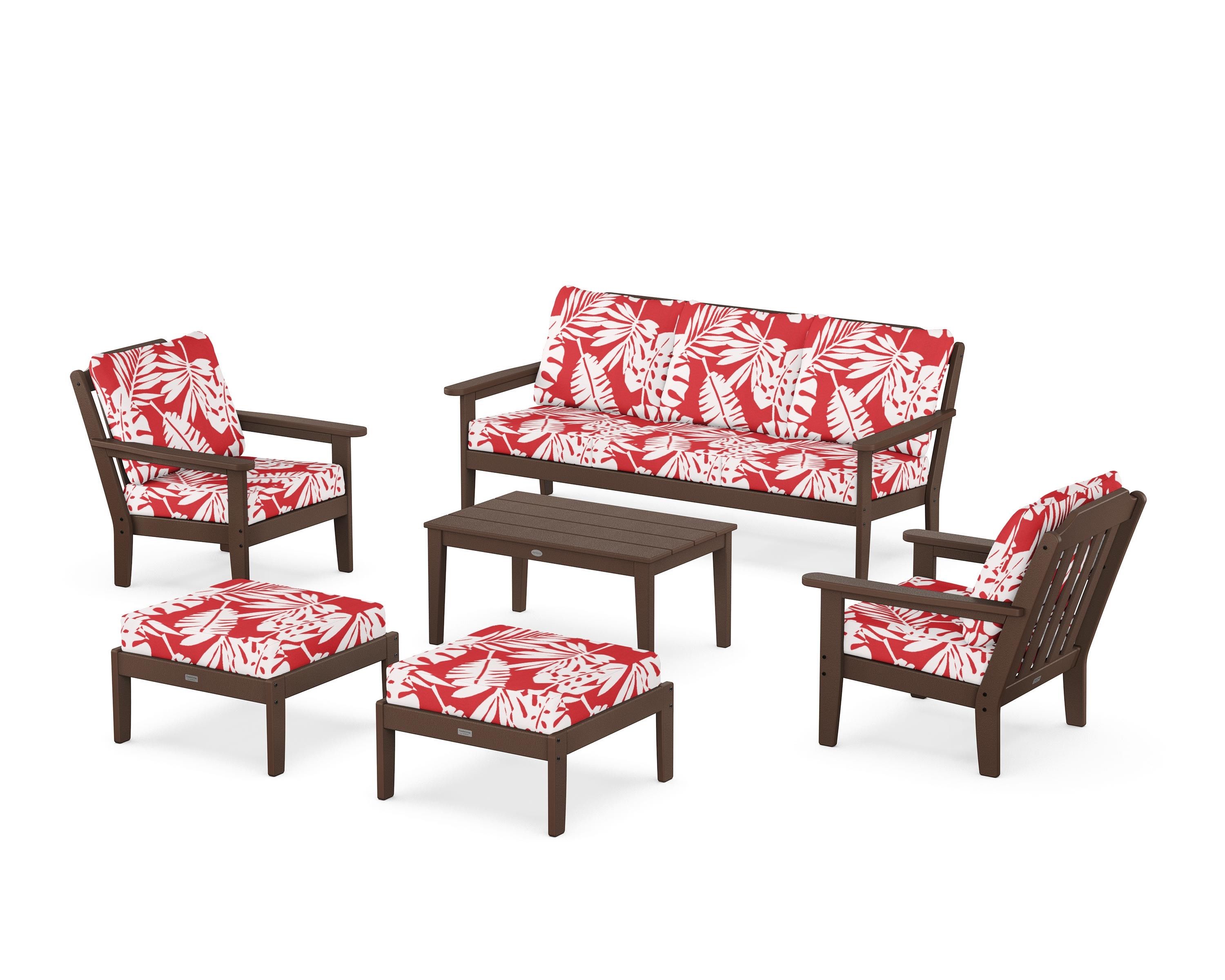 Country Living Cottage 6-Piece Lounge Sofa Set in Mahogany / Leaf Crimson