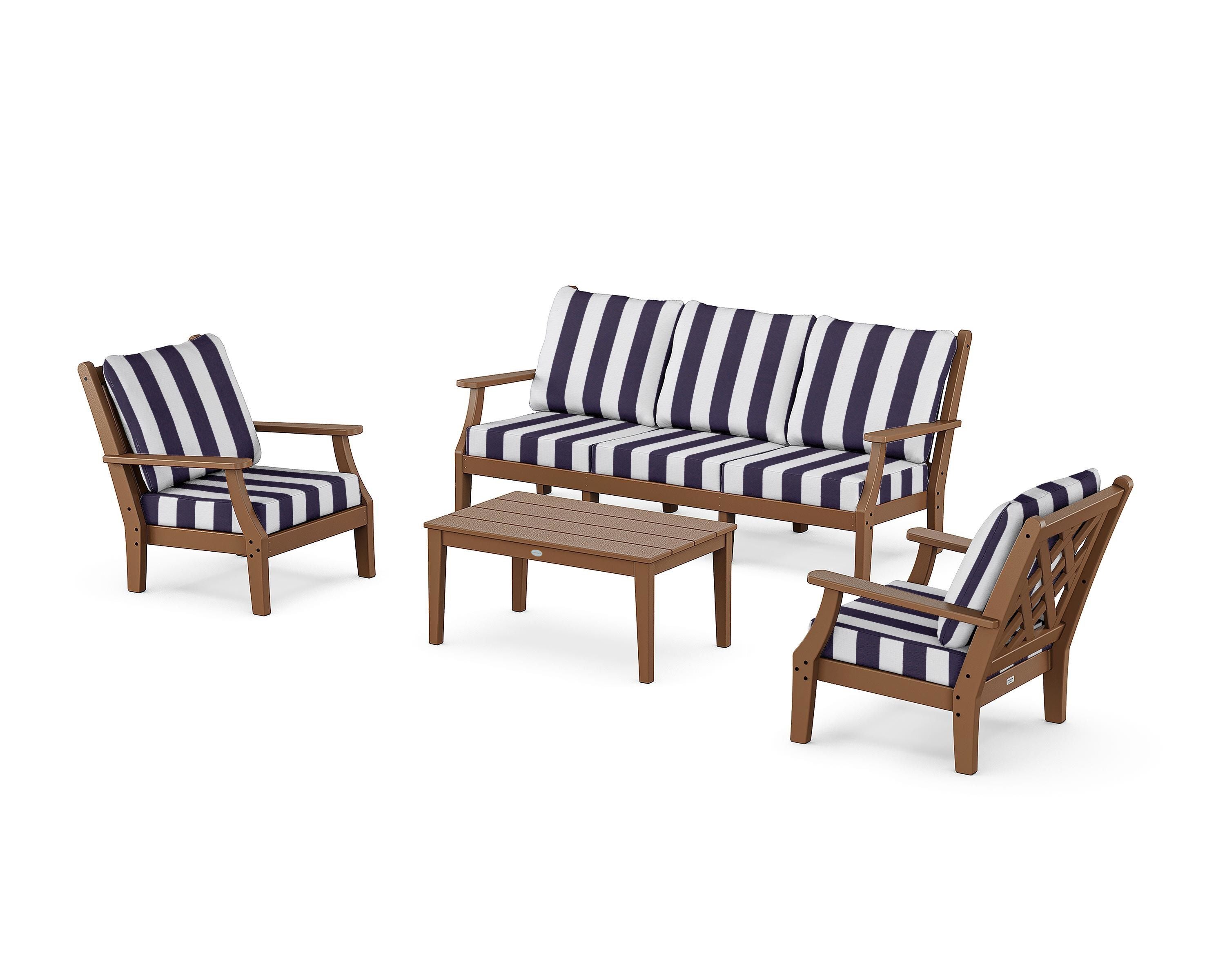 Country Living Wovendale 4-Piece Deep Seating Set with Sofa in Teak / Cabana Stripe Navy