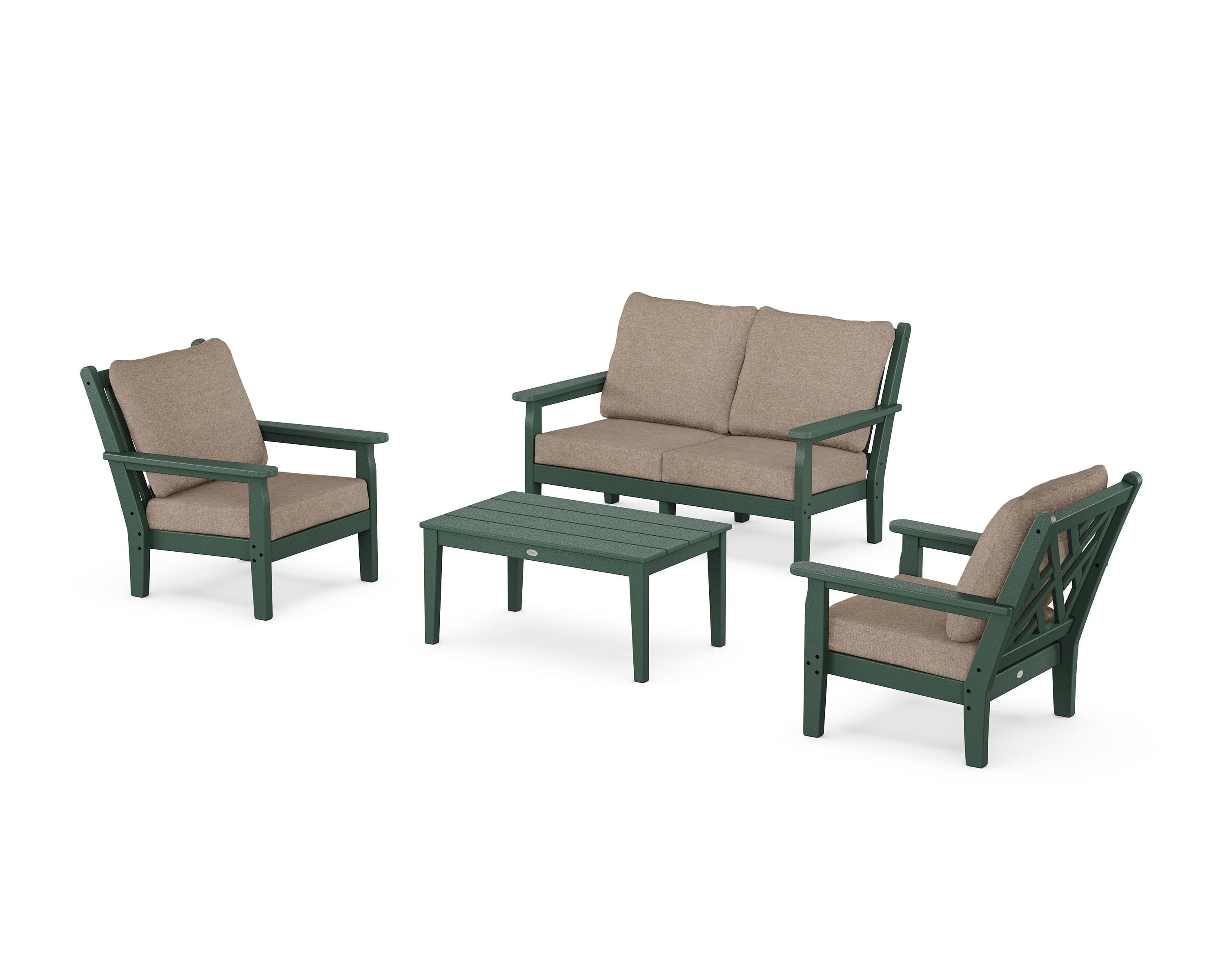 POLYWOOD® Chippendale 4-Piece Deep Seating Set with Loveseat in Green / Spiced Burlap
