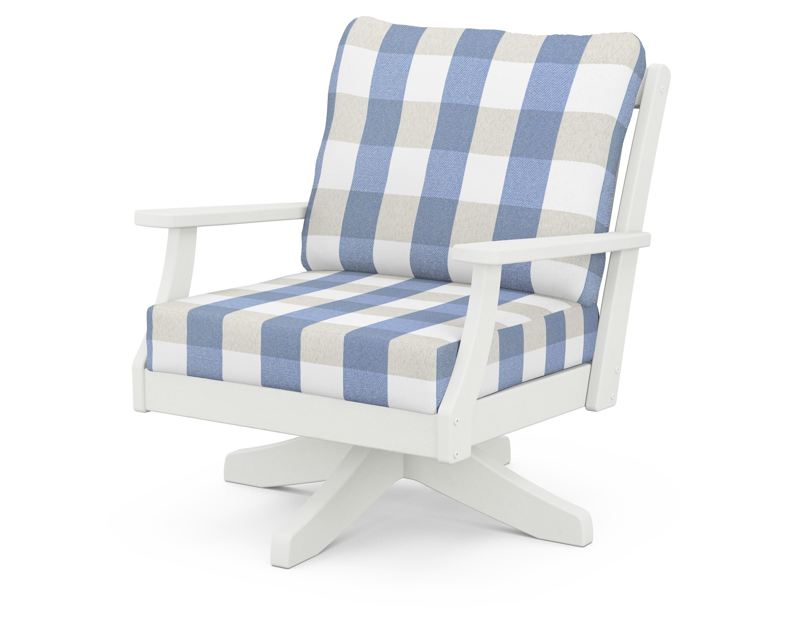 POLYWOOD® Braxton Deep Seating Swivel Chair in Vintage White / Buffalo Plaid Sky Blue
