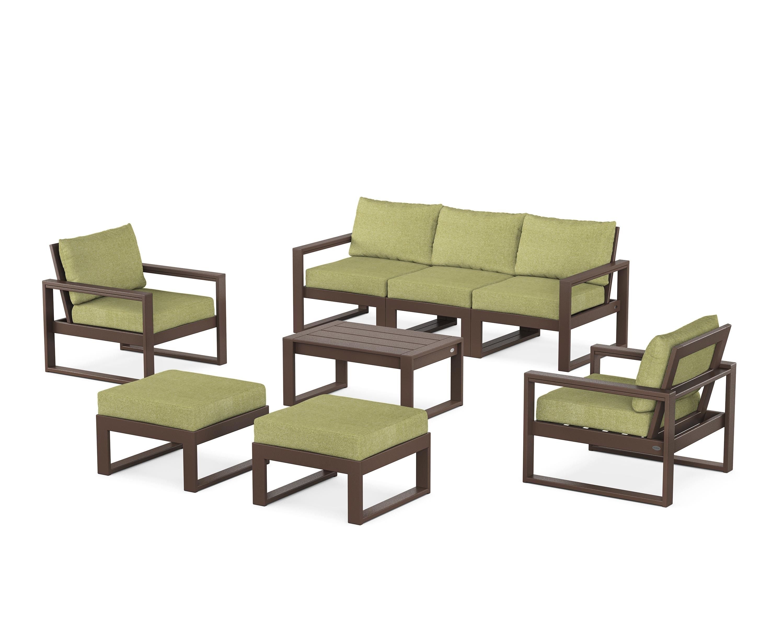 POLYWOOD® EDGE Sectional 8-Piece Lounge Sofa Set in Mahogany / Chartreuse Boucle