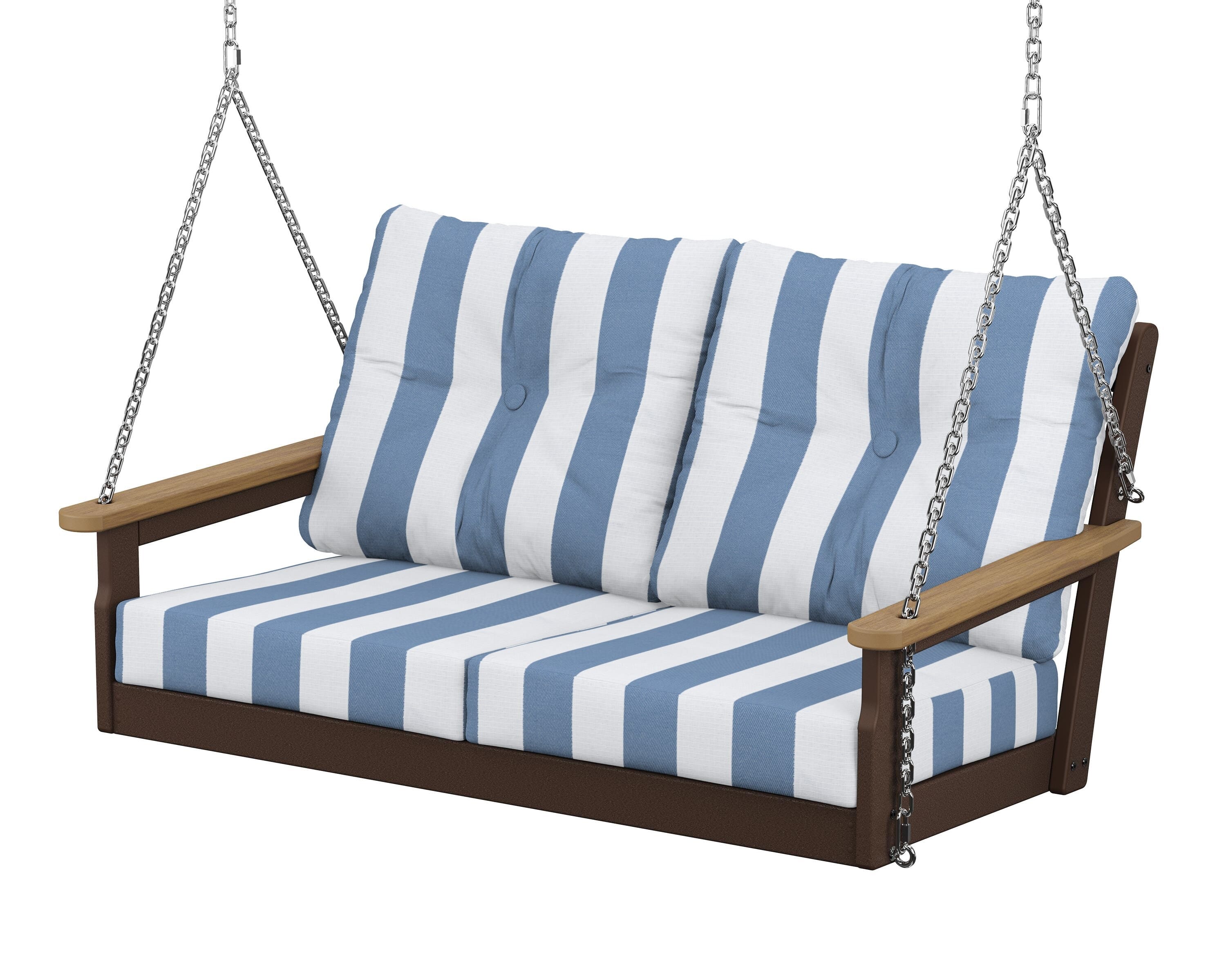 POLYWOOD® Vineyard Deep Seating Swing in Mahogany / Natural / Cabana Stripe Sky Blue