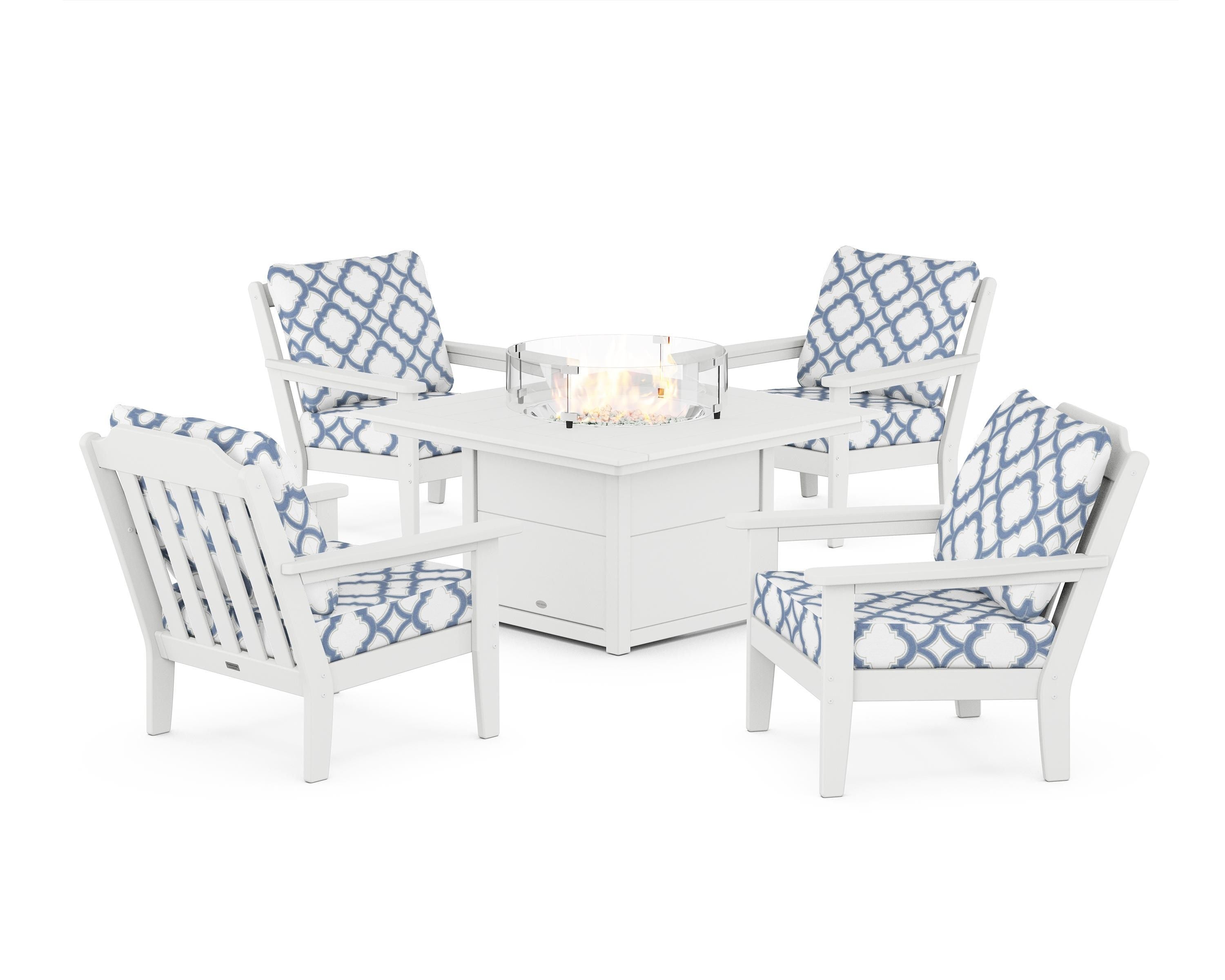 Country Living Cottage 5-Piece Deep Seating Set with Fire Pit Table in White / Trellis Sky Blue