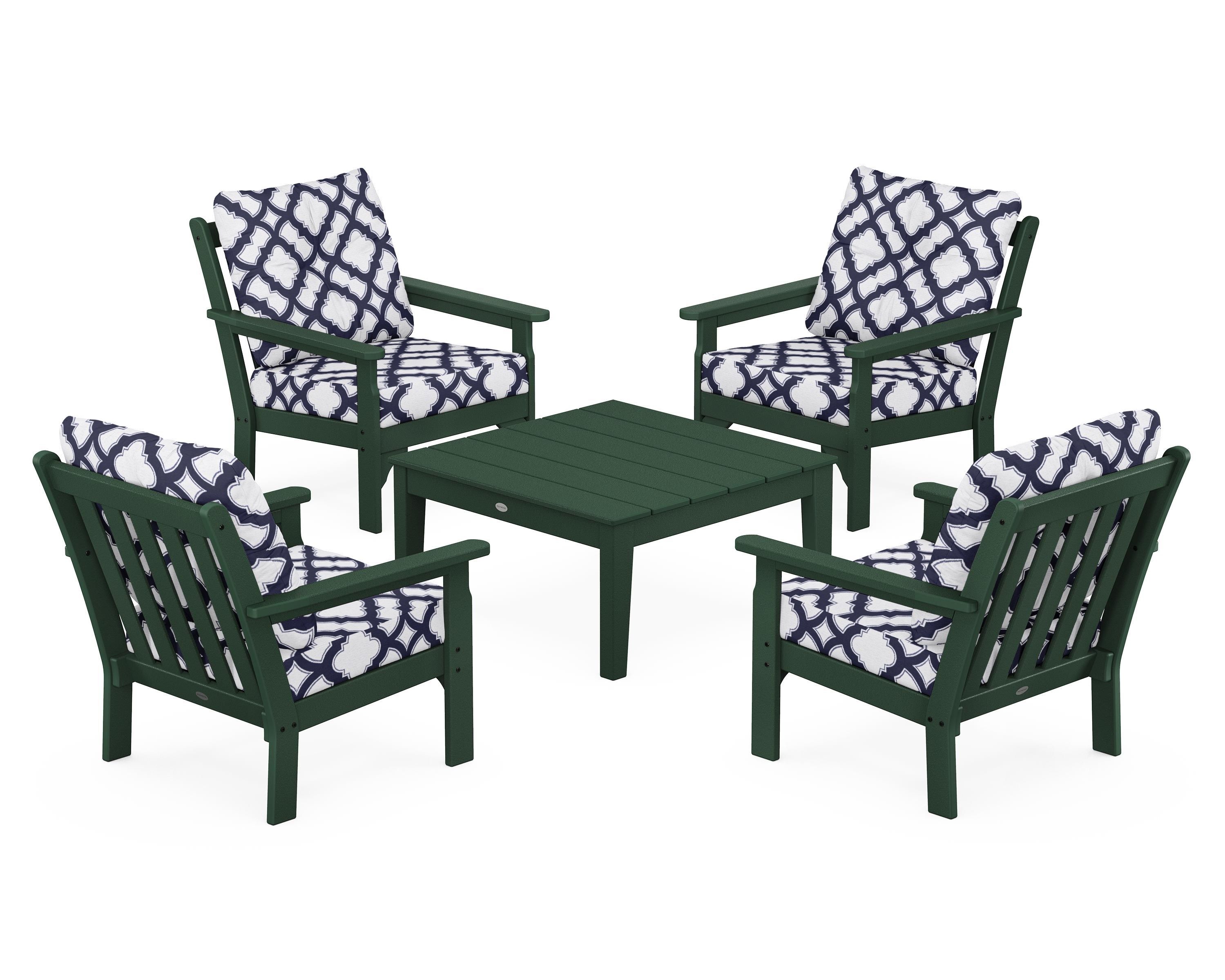 POLYWOOD® Vineyard 5-Piece Deep Seating Conversation Set in Green / Trellis Navy