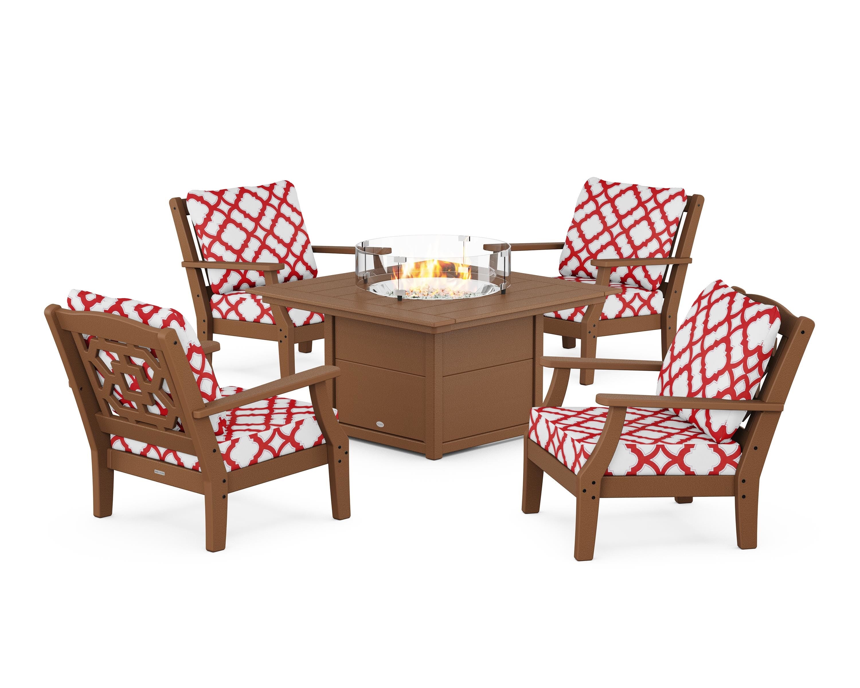 Martha Stewart by POLYWOOD® Chinoiserie 5-Piece Deep Seating Set with Fire Pit Table in Teak / Trellis Crimson