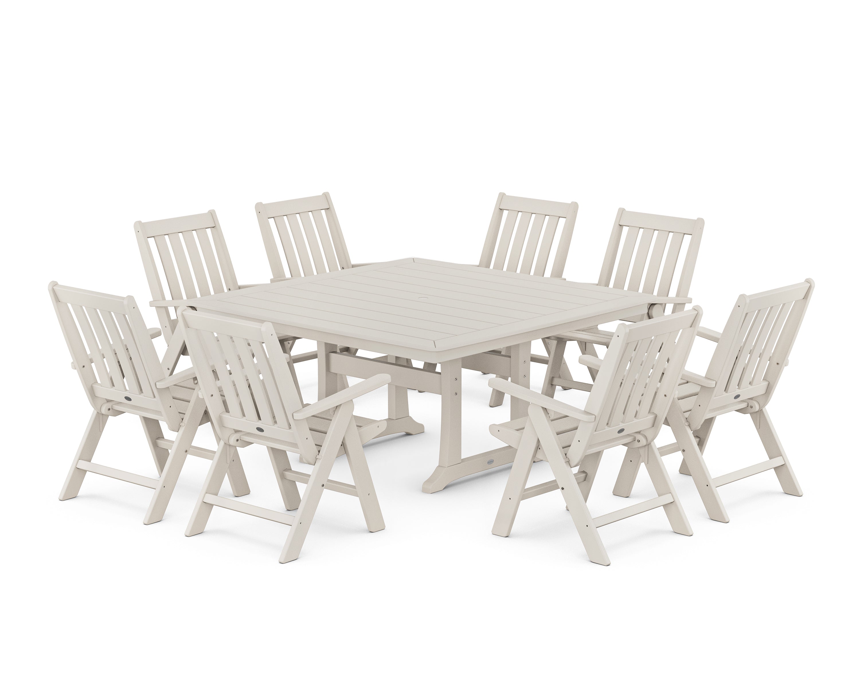 POLYWOOD® Vineyard Folding Chair 9-Piece Square Dining Set with Trestle Legs in Sand