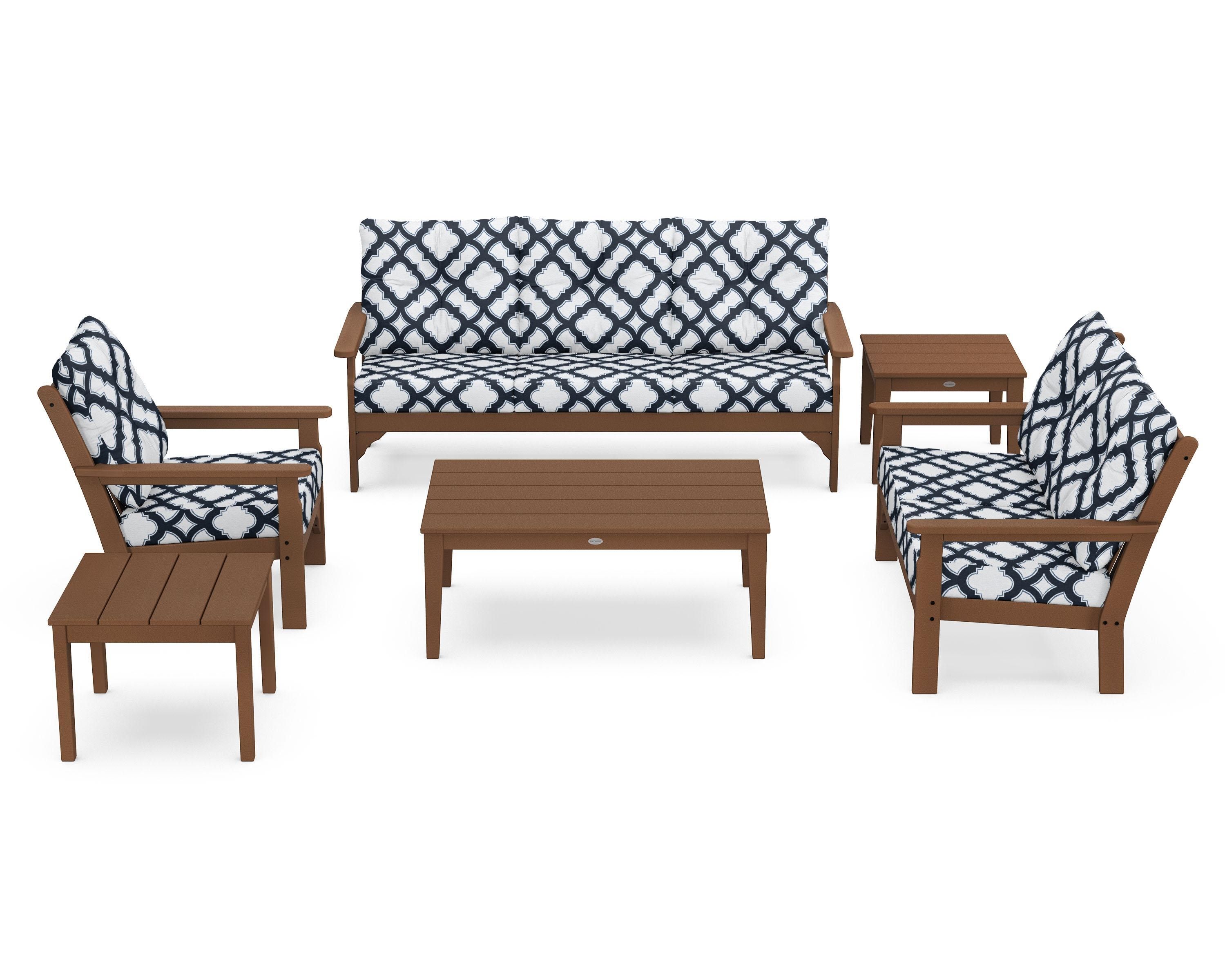 POLYWOOD® Vineyard 6-Piece Deep Seating Set in Teak / Trellis Marine Indigo