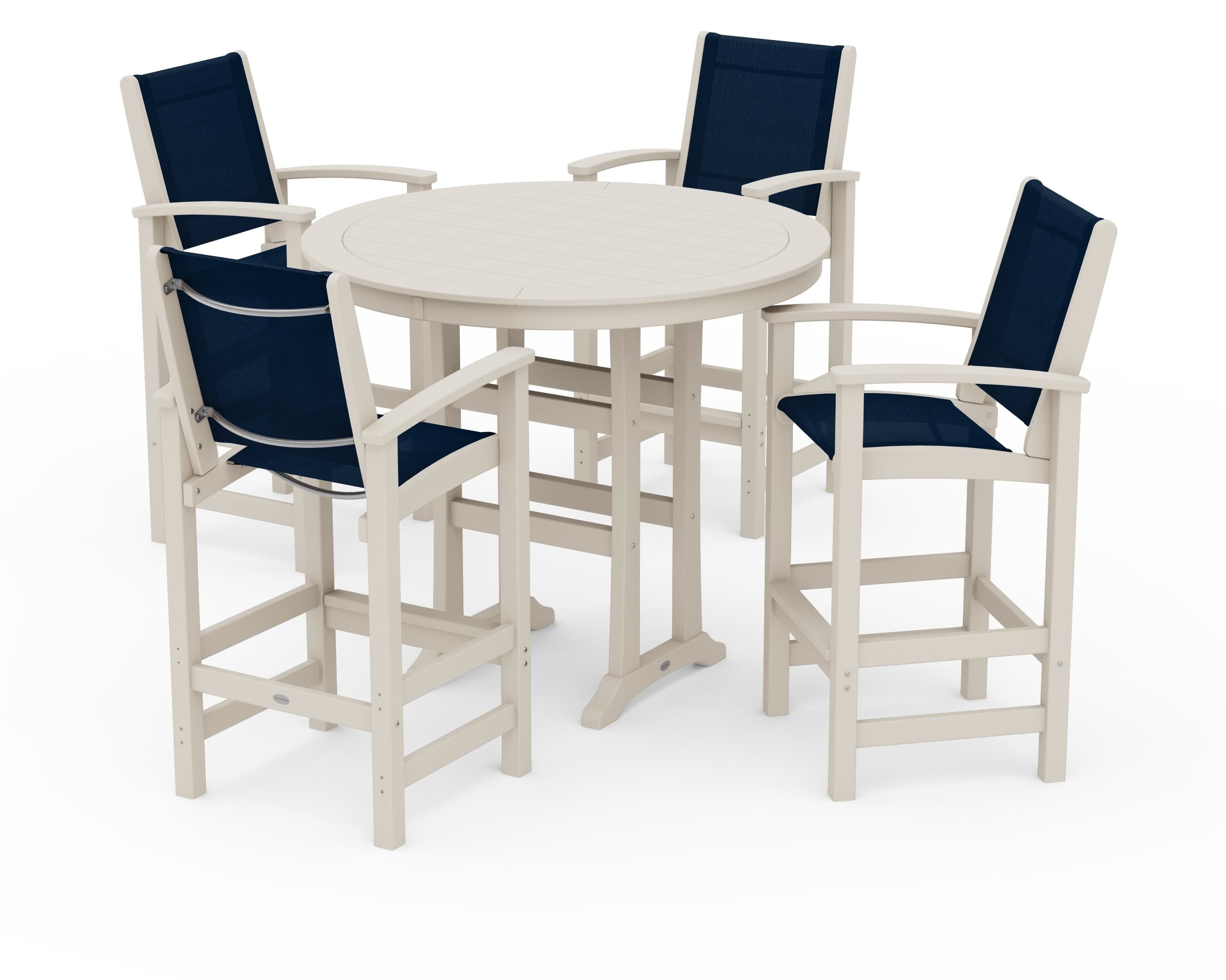 POLYWOOD® Coastal 5-Piece Nautical Trestle Bar Set in Sand / Navy Blue Sling