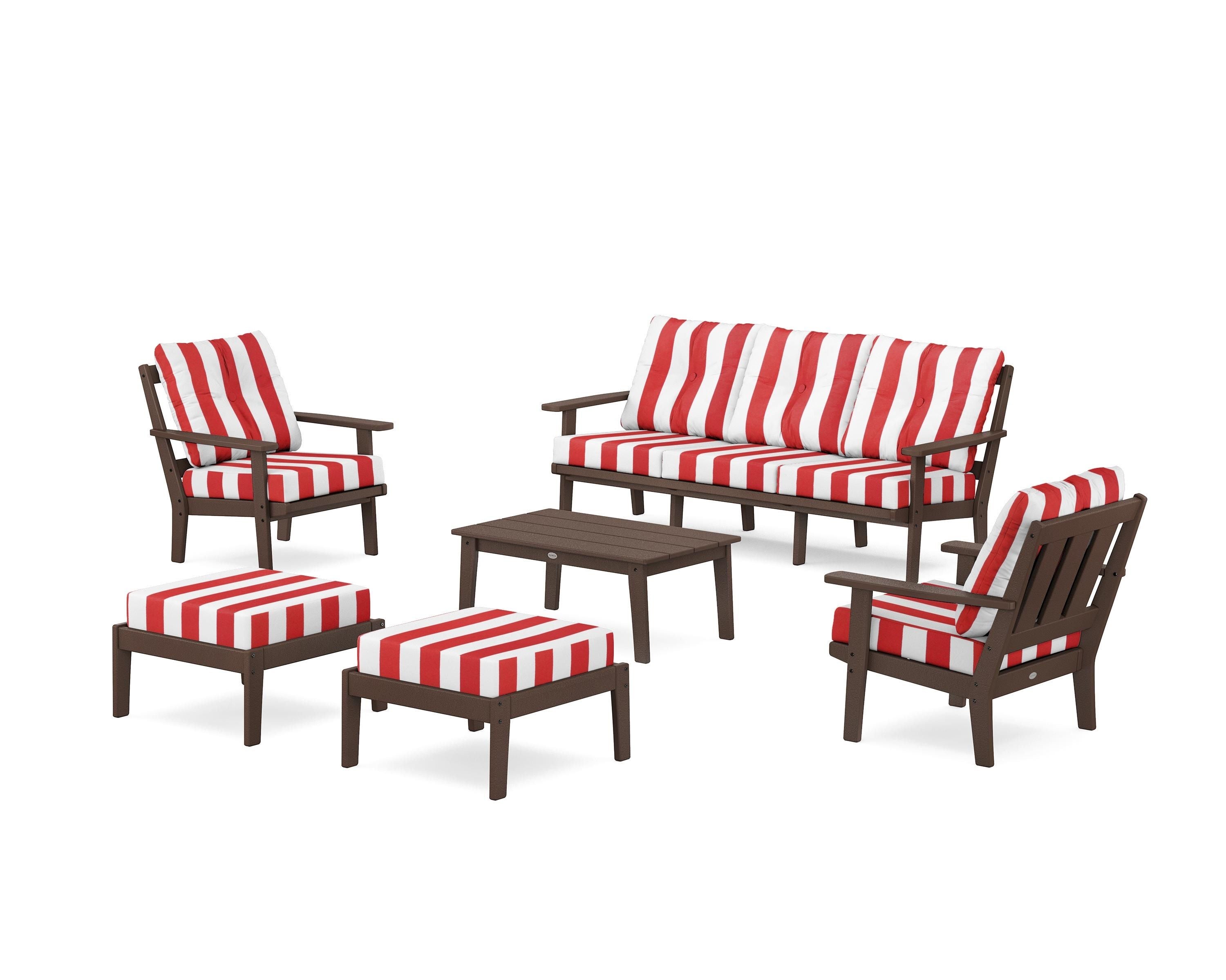 POLYWOOD® Oxford 6-Piece Lounge Sofa Set in Mahogany / Cabana Stripe Crimson