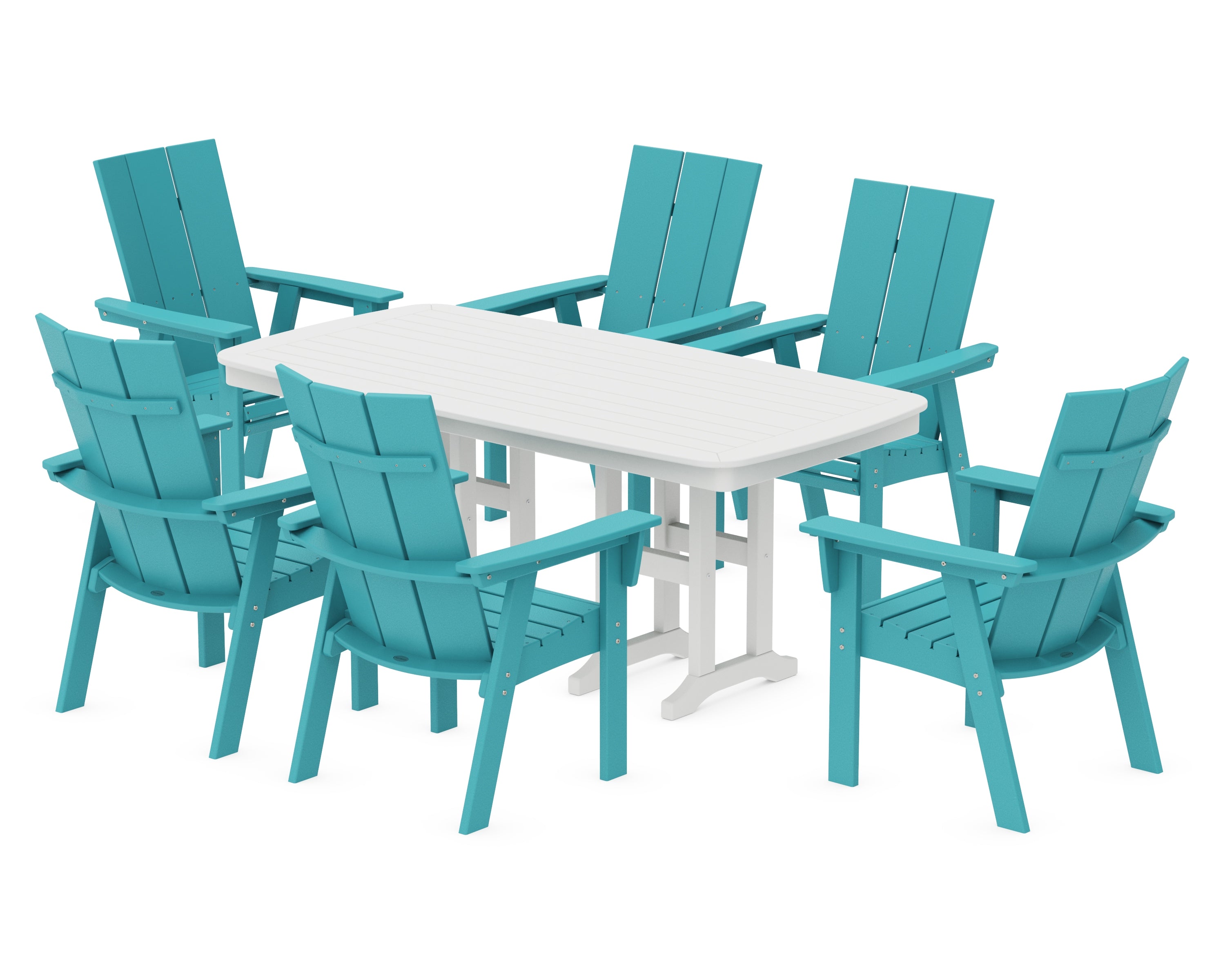 POLYWOOD® Modern Curveback Adirondack 7-Piece Dining Set in Aruba / White