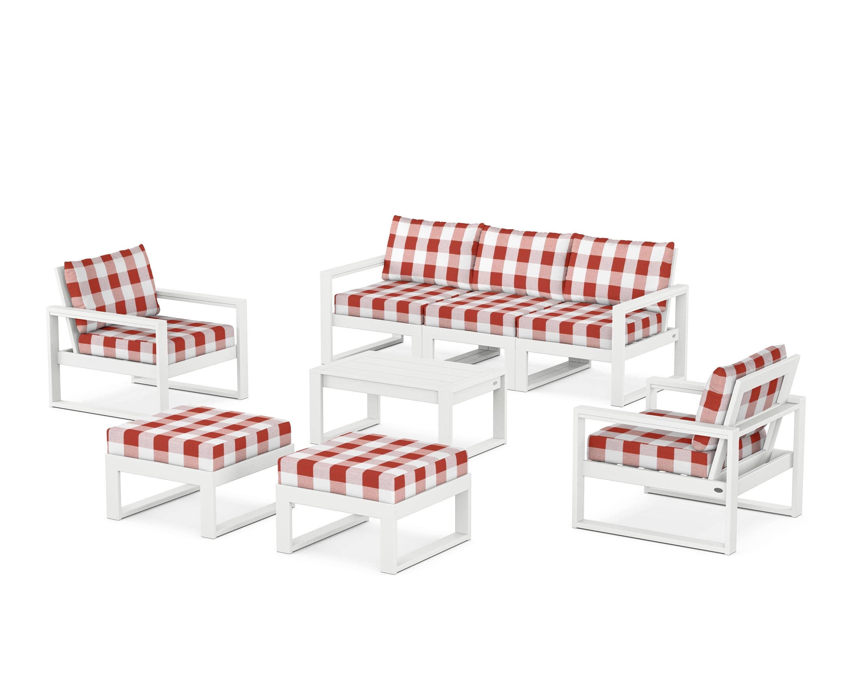 POLYWOOD® EDGE Sectional 8-Piece Lounge Sofa Set in White / Buffalo Plaid Crimson