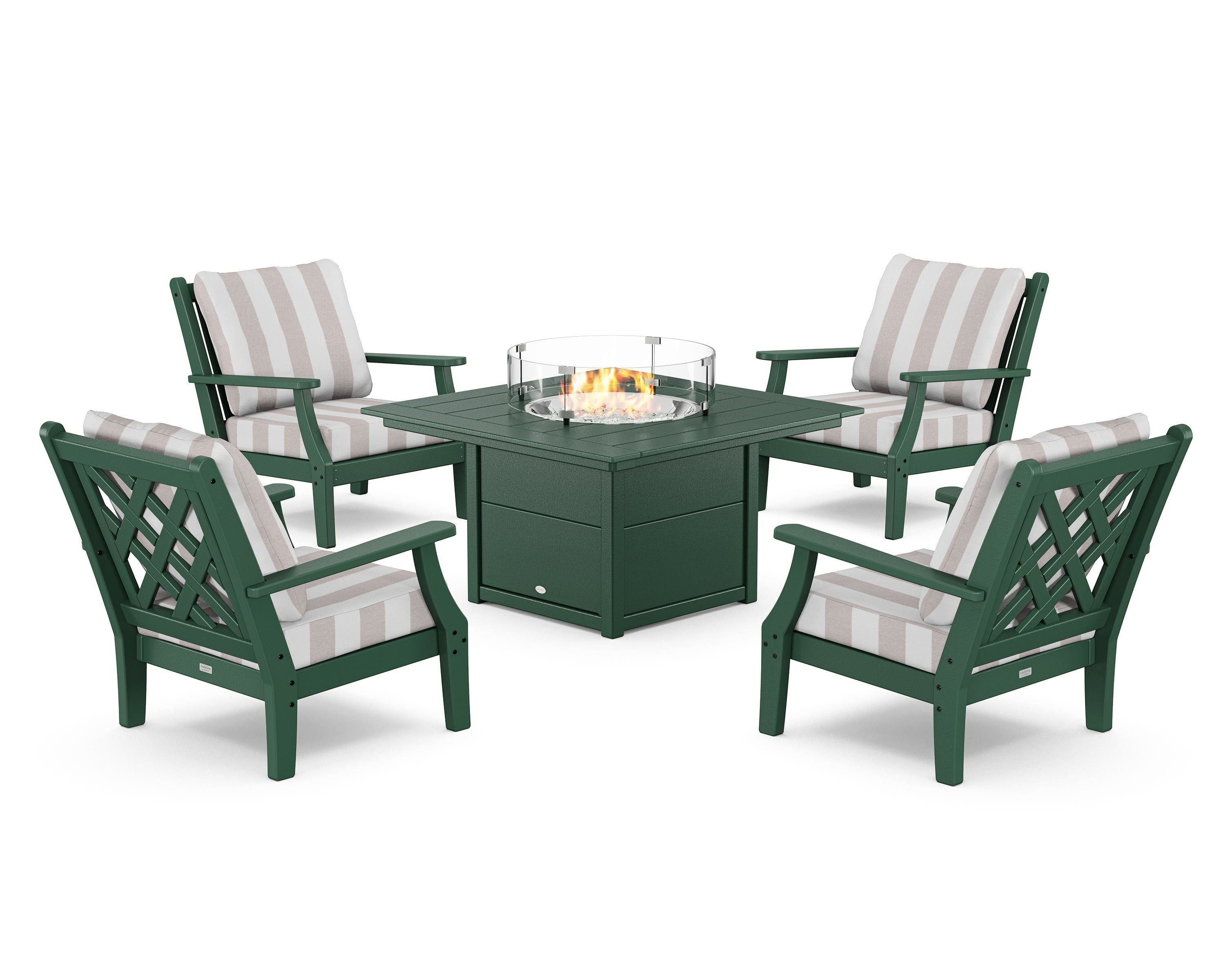 Country Living Wovendale 5-Piece Deep Seating Set with Fire Pit Table in Green / Cabana Stripe Dune Burlap