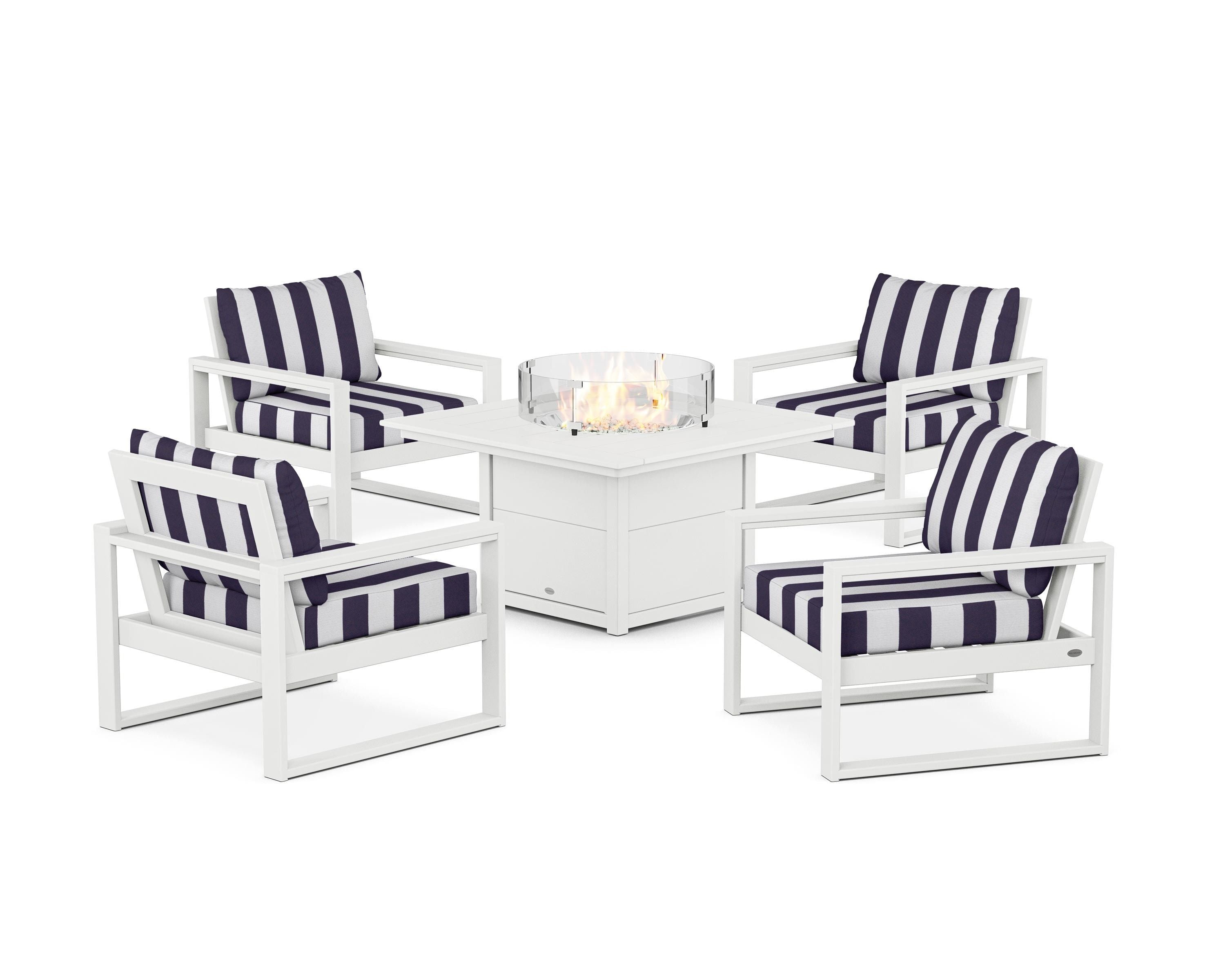 POLYWOOD® EDGE Sectional 5-Piece Deep Seating Set with Fire Pit Table in White / Cabana Stripe Navy