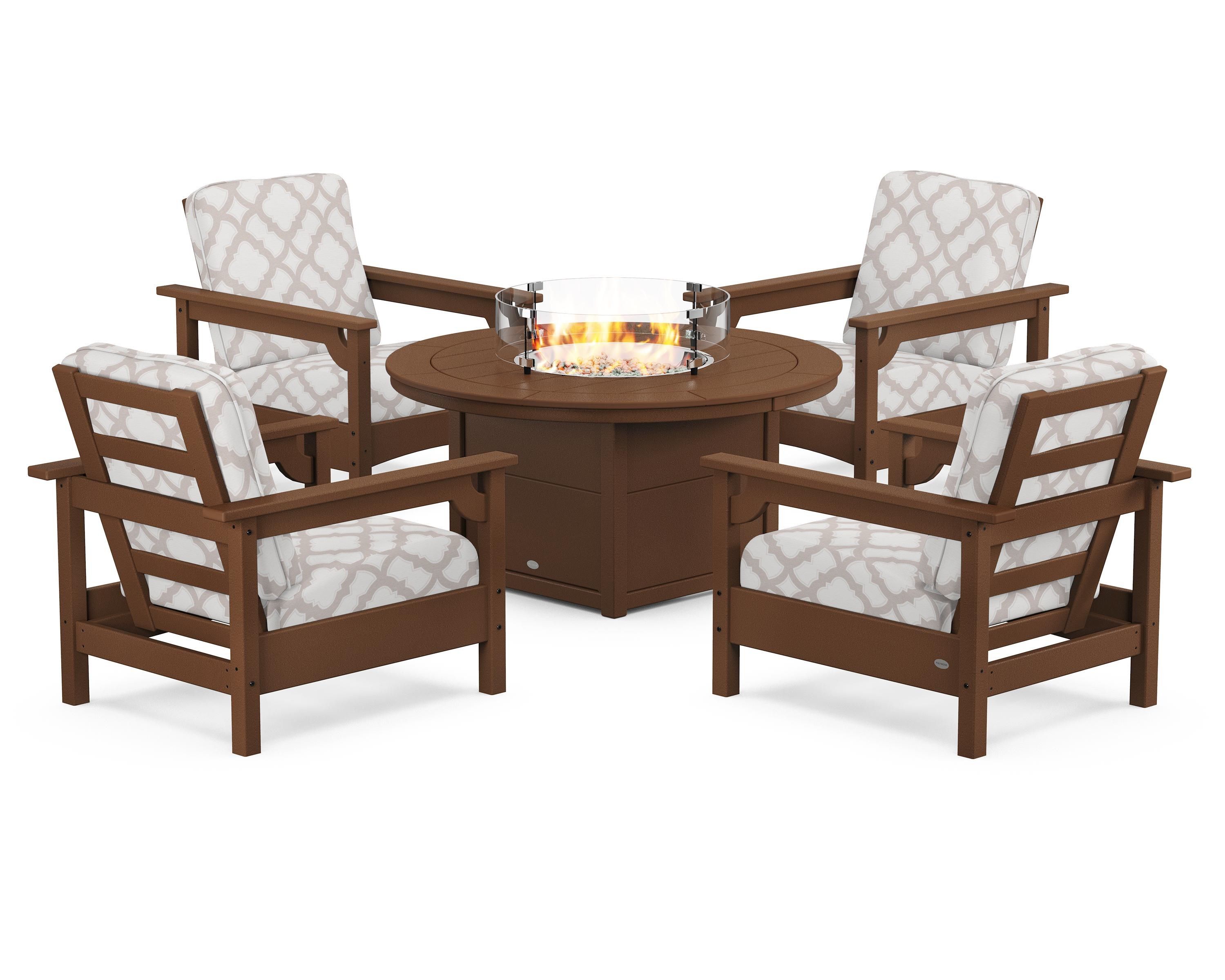 POLYWOOD® Club 5-Piece Conversation Set with Fire Pit Table in Teak / Trellis Dune Burlap